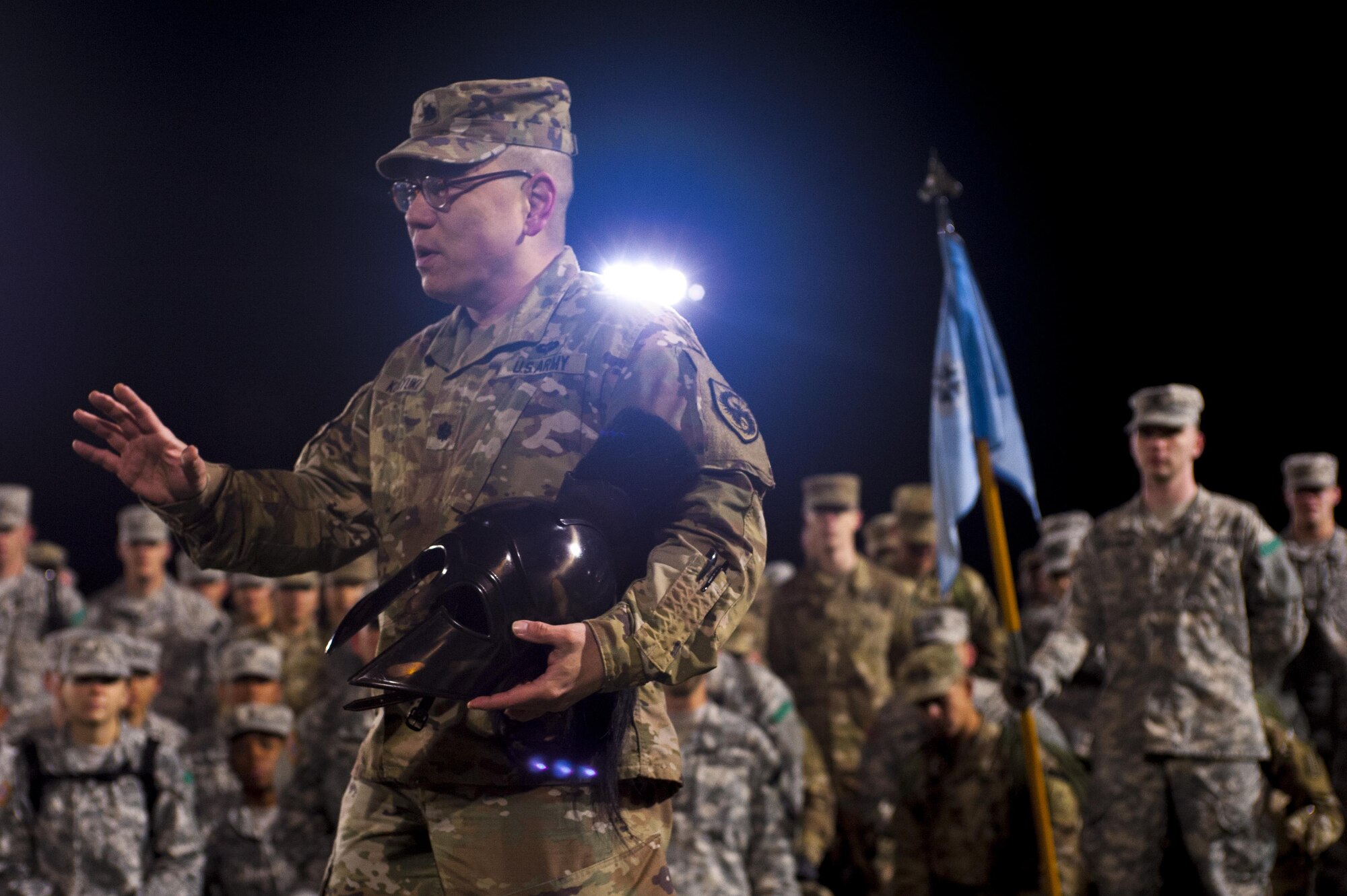 U.S. Army Lt. Col. Yukio Kuniyuki, 344th Military Intelligence Battalion Commander, rallies participants for the Fourth Annual Spartan Race at the Mathis Fitness Center football field on Goodfellow Air Force Base, Texas, February 3, 2017. The Spartan Race pits A and B company against each other, the winner is awarded a black galea helmet and broadsword. (U.S. Air Force photo by Senior Airman Scott Jackson/Released)