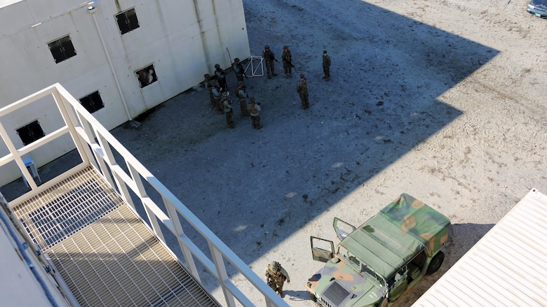Marines run through a plan of attack during Military Operations in Urban Terrain training aboard Marine Corps Outlying Field Atlantic, N.C., Feb. 2, 2017. Nearly 40 Marines with supporting personnel participated in the weeklong training that simulated hostile takeovers and how to overcome unexpected situations with small unit leadership. Squads of Marines took turns acting as enemy forces to create an increasingly realistic combat scenario for their counterparts. The Marines are assigned to Marine Wing Support Squadron 271, Marine Aircraft Group 14, 2nd Marine Aircraft Wing. 