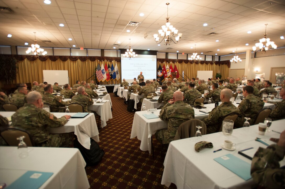 LTG Charles Luckey, Commanding General of the U.S. Army Reserves, speaks to Soldiers during the Green Tab Huddle at the Tommy B's Community Center on Joint Base McGuire-Dix-Lakehurst, N.J., Jan. 31, 2017. General Officers and enlisted leaders attended the conference to discuss mission requirements for the U.S. Army Reserves. 