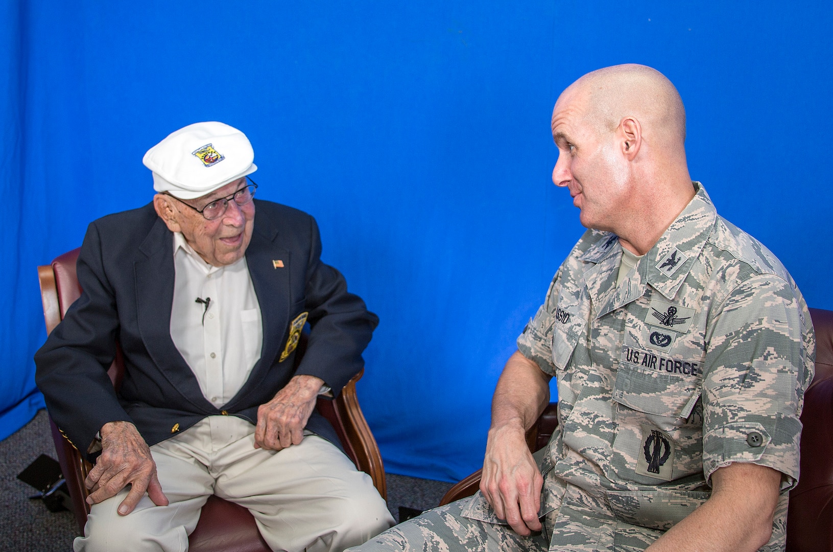 Retired Air Force Lt. Col. Richard Cole, last surviving member of Doolittle’s Raiders, speaks with Col. Michael Assid during an interview Feb. 1 at Joint Base San Antonio-Lackland, Texas. Assid is assigned to Air Force Space Command 310th Space Wing, the modern-day successor to Cole’s former unit, 310th Bombardment Group.