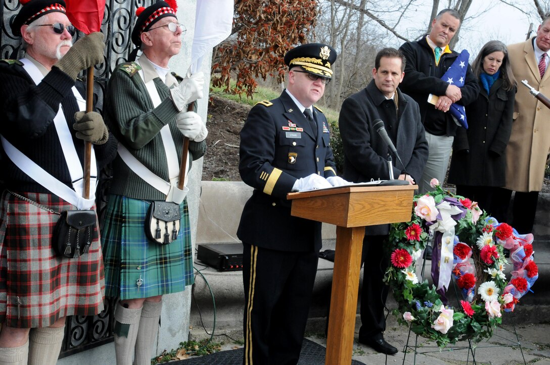 Brigadier General Stephen E. Strand, deputy commanding general for the 88th Regional Support Command, speaks to the more than 100 residents, students and local community leaders during the ceremony honoring President William Henry Harrison, at the site of his tomb in North Bend, Ohio, Feb. 3.