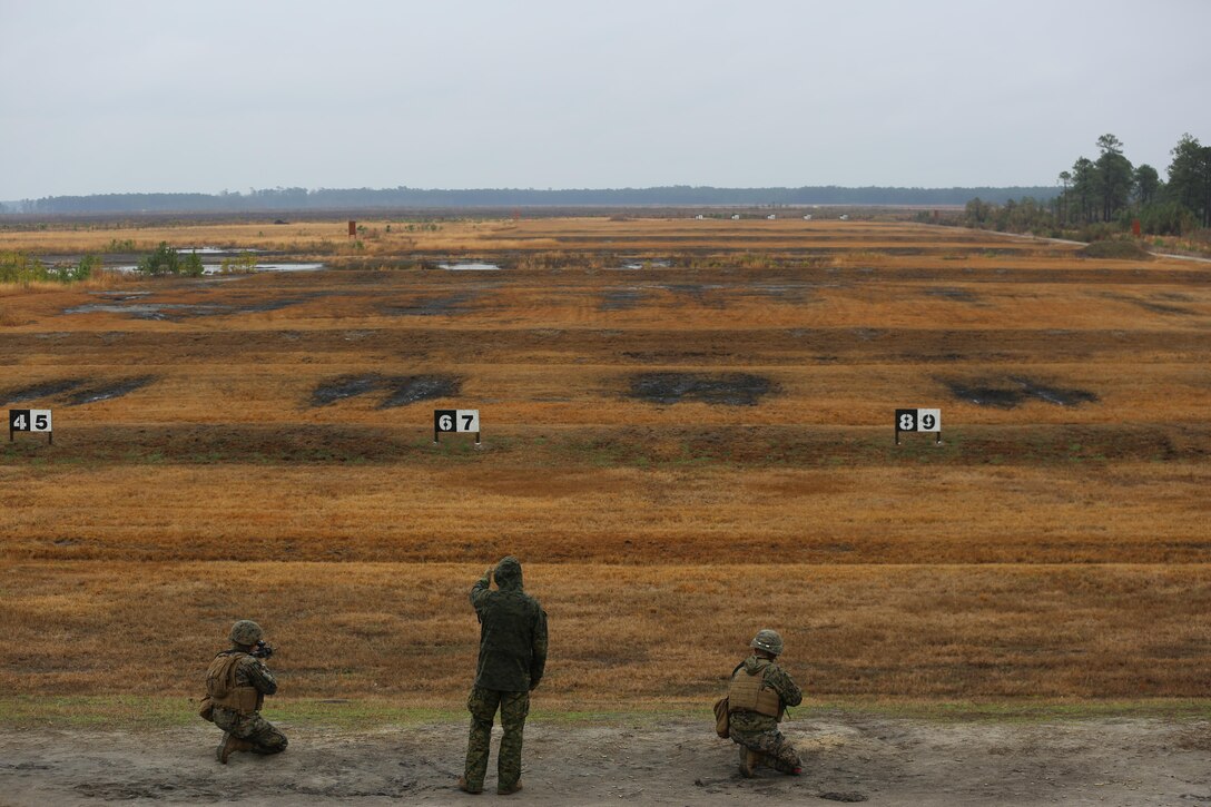 Marines with Transportation Support Company, Combat Logistics Battalion 2, fire at targets marked at an unknown distance during a live fire exercise at Camp Lejeune, N.C., Feb. 3, 2017. The Marines conducted the training in order to familiarize themselves with their newly issued rifles in preparation for annual rifle qualifications. The Marines were able to get their Battle Sight Zero (BZO) to provide accurate and effective training as they continue on to other ranges in the coming months. (Marine Corps photo by Cpl. Shannon Kroening)