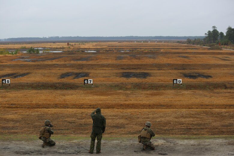 Marines with Transportation Support Company, Combat Logistics Battalion 2, fire at targets marked at an unknown distance during a live fire exercise at Camp Lejeune, N.C., Feb. 3, 2017. The Marines conducted the training in order to familiarize themselves with their newly issued rifles in preparation for annual rifle qualifications. The Marines were able to get their Battle Sight Zero (BZO) to provide accurate and effective training as they continue on to other ranges in the coming months. (Marine Corps photo by Cpl. Shannon Kroening)