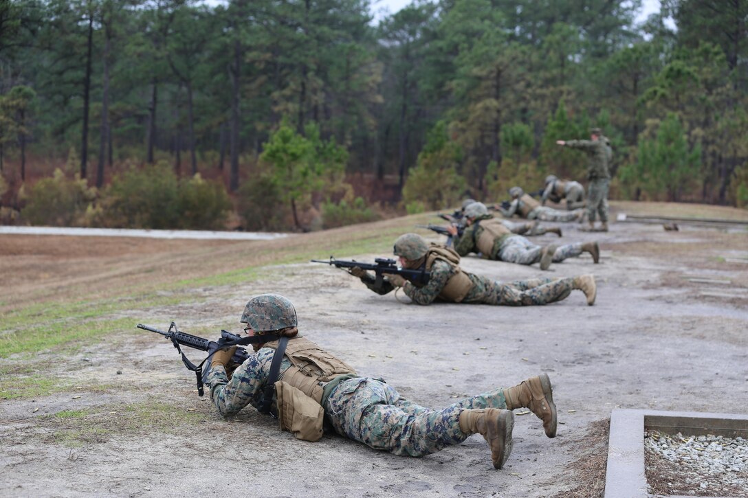 Marines with Transportation Support Company, Combat Logistics Battalion 2, fire from the prone position during a live fire exercise at Camp Lejeune, N.C., Feb. 3, 2017. The Marines conducted the training in order to familiarize themselves with their newly issued rifles in preparation for annual rifle qualifications. The Marines were able to get their Battle Sight Zero (BZO) to provide accurate and effective training as they continue on to other ranges in the coming months. (Marine Corps photo by Cpl. Shannon Kroening)