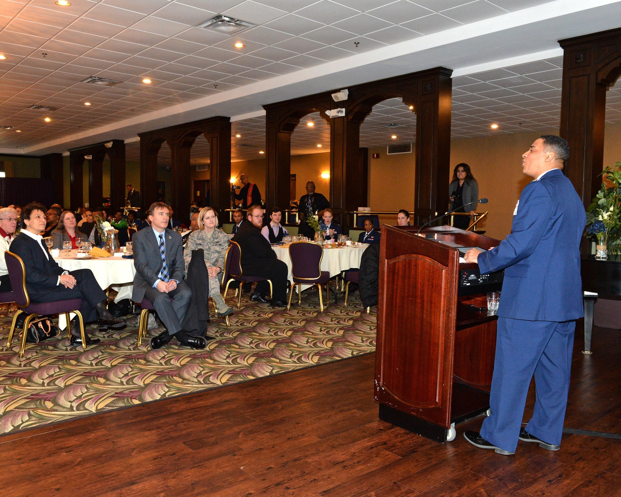 U.S. Air Force Colonel Shon Neyland, Air Force Materiel Command command chaplain, delivers the keynote address at the annual 88th Air Base Wing Dr. Martin Luther King Humanitarian Awards luncheon at Wright-Patterson Air Force Base on Jan 18, 2017. The luncheon and ceremony is held in honor of Dr. King’s birth, life’s work and achievements, recognizing individuals who have exemplified his self-sacrifice. (U.S. Air Force photo / Al Bright)