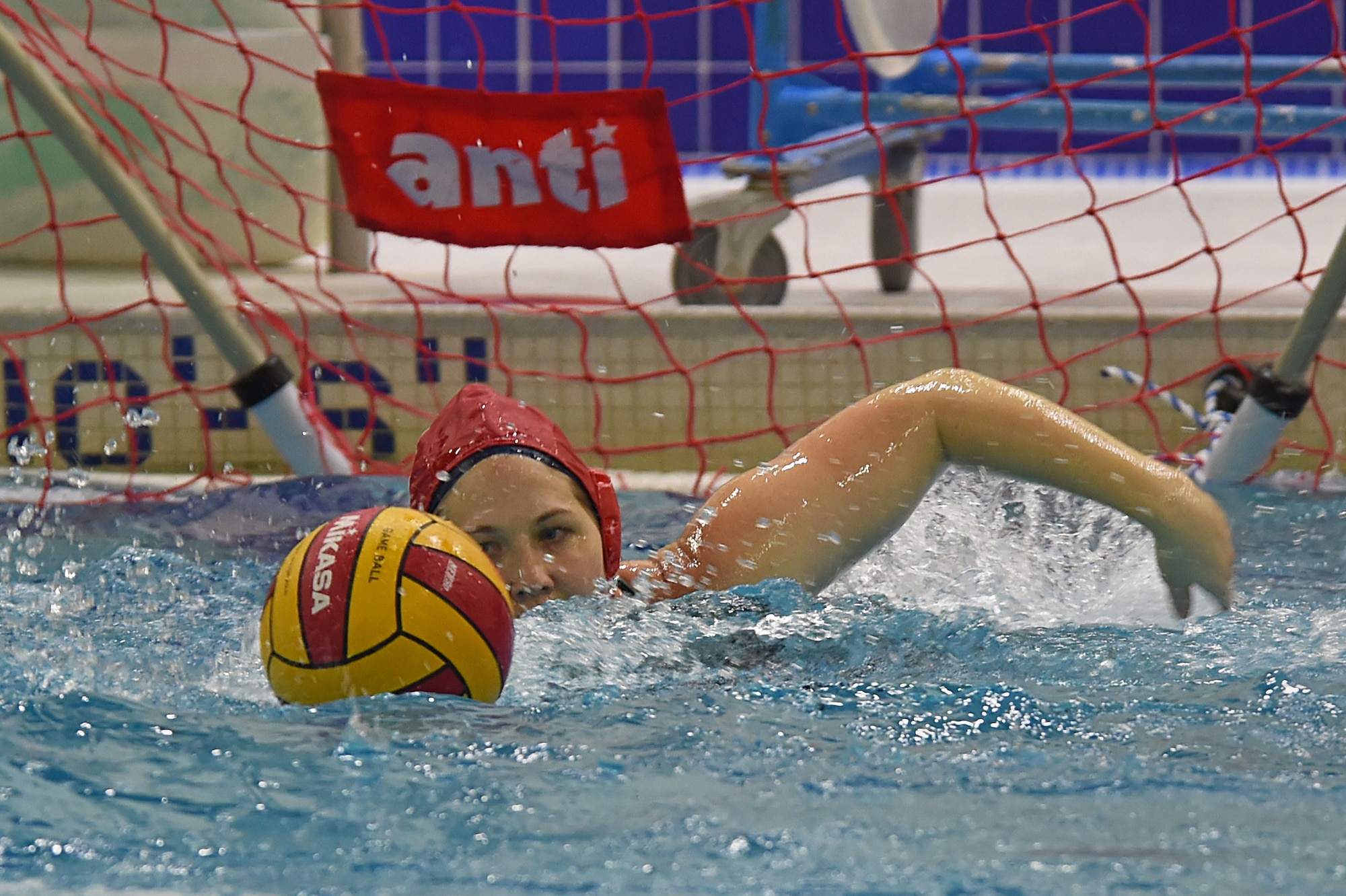 Service members participate in a water polo practice session at the Buckner Physical Fitness Center pool at Joint Base Elmendorf-Richardson, Alaska, Feb. 1, 2017. The inner tube water polo intramural season will continue through to April, with games each Wednesday. 