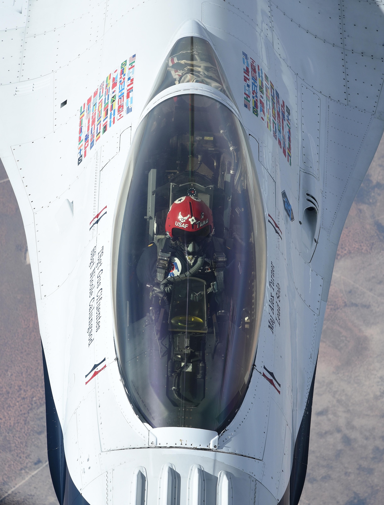 A KC-135 Stratotanker assigned to McConnell Air Force Base, Kan., refuels an F-16 Fighting Falcon Feb. 3, 2017, en route to Houston, Texas, where the Thunderbirds will perform a flyover during the 2017 Super Bowl. The Thunderbirds perform precision aerial maneuvers that demonstrate the capabilities of Air Force high performance aircraft to people throughout the world. (U.S. Air Force photo/Airman 1st Class Erin McClellan)