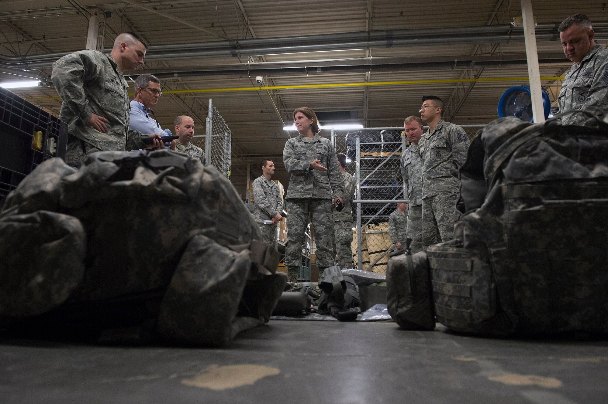 Brig. Gen. Andrea Tullos, Air Force director of security forces, talks with members of the 820th Base Defense Group about their tactical gear capabilities, Feb. 1, 2017, at Moody Air Force Base, Ga. Tullos stressed the importance of having well-trained, well-led and well-equipped security forces members to execute the mission on the foundation of discipline and leadership. (U.S. Air Force photo by Airman 1st Class Greg Nash)