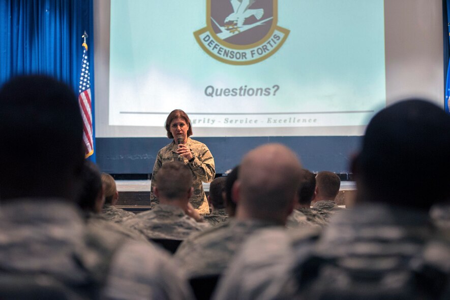 Brig. Gen. Andrea Tullos, Air Force director of security forces, answers questions during a 23d Security Forces Squadron all-call, Feb. 1, 2017, at Moody Air Force Base, Ga. During her first time visiting the installation, Tullos toured several security forces facilities across the 23d SFS and 820th Base Defense Group to learn the different unit’s processes and also discussed important topics of the career field. (U.S. Air Force photo by Airman 1st Class Greg Nash) 