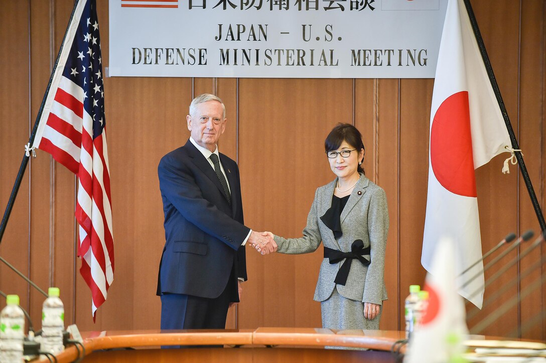 Defense Secretary Jim Mattis shakes hands with Japanese Minister of Defense Tomomi Inada before a Defense Ministerial meeting at the Defense Ministry in Tokyo, Japan, Feb. 4, 2017. 