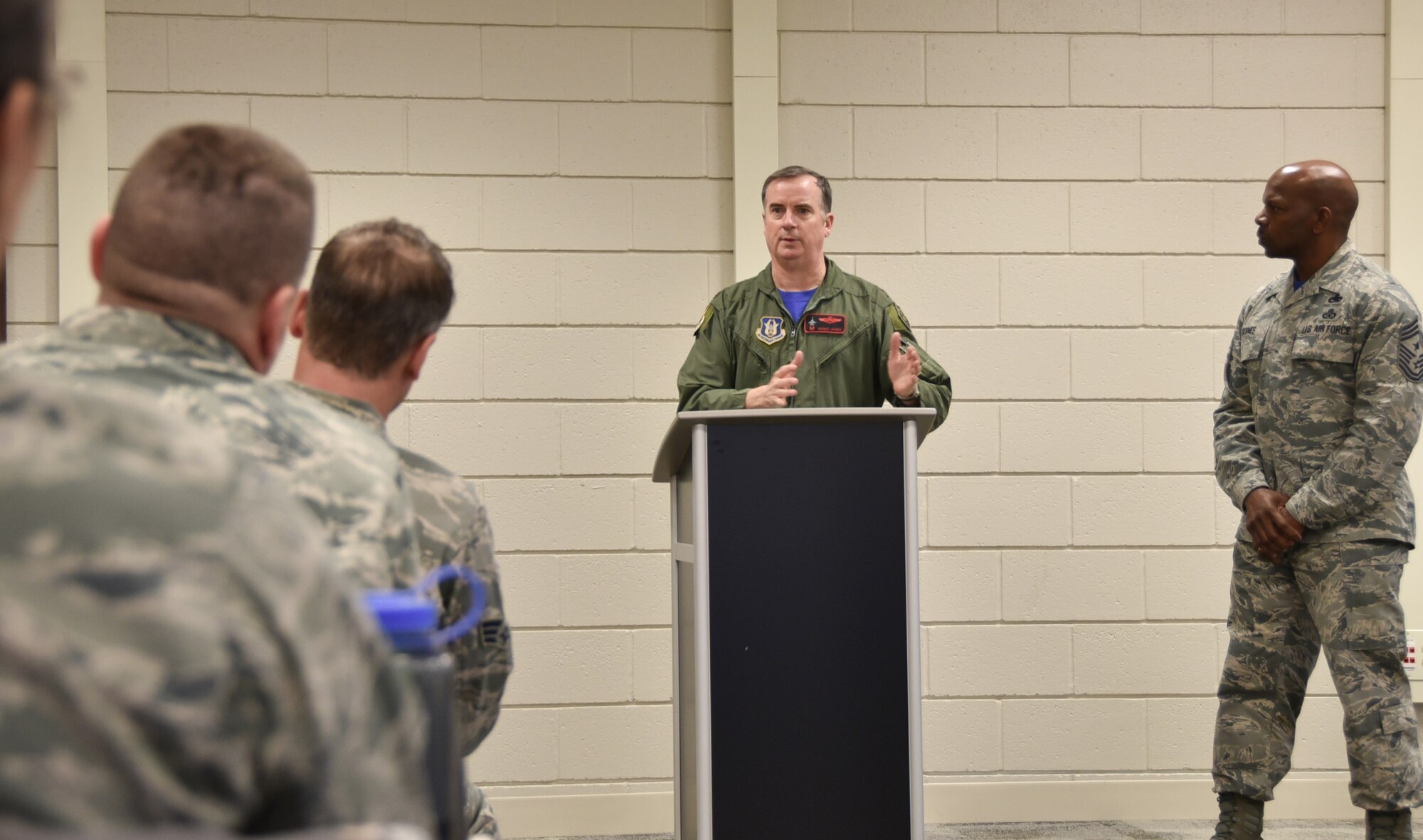 Col. Gregory Jones, 301st Fighter Wing commander, and Chief Master Sgt. Terry Goines, 301 FW command chief, answer questions during the first Airmen' s Panel of the year, Feb. 5, 2017, at Naval Air Station Fort Worth Joint Reserve Base, Texas. The panel serves as a direct means of communication between Airmen and their senior leaders. (U.S. Air Force photo by Tech. Sgt. Jeremy Roman)