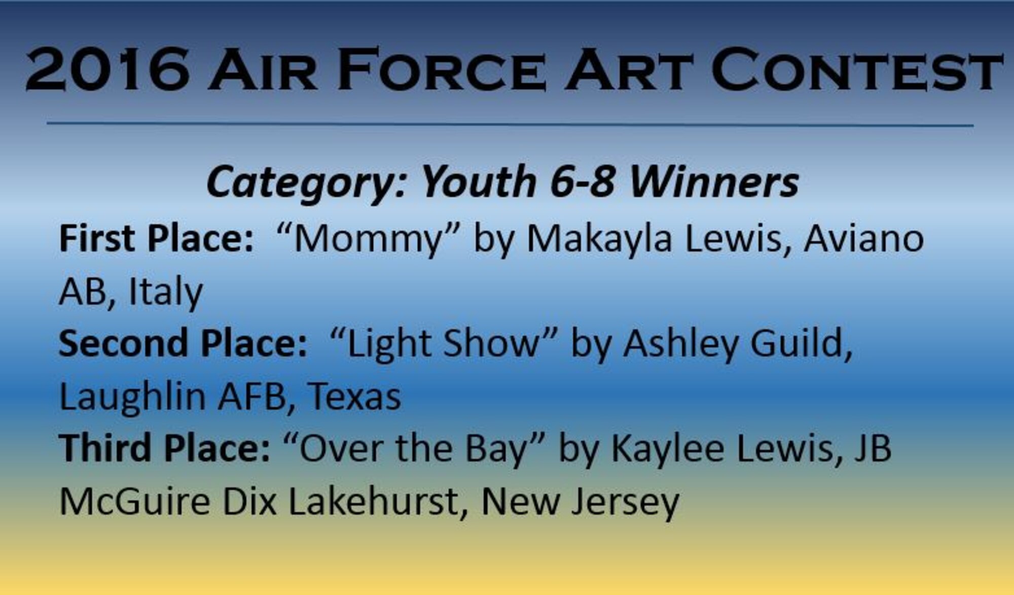 Congratulations to the 2016 Air Force Art Contest Youth 6-8 Winners.