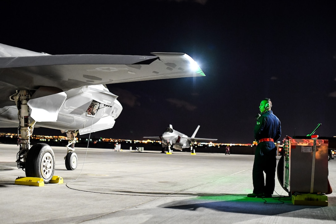 Airman 1st Class Raul Guzman, a crew chief with the 34th Aircraft Maintenance Unit, prepares to launch an F-35A Lightning II aircraft during Red Flag 17-1 at Nellis Air Force Base, Nevada, Feb. 3. Maintainers and pilots from Hill Air Force Base's 388th and 419th Fighter Wings deployed the fifth-generation fighter to Nellis AFB Jan. 20. This is the first deployment of the F-35A to a Red Flag exercise. (U.S. Air Force photo/R. Nial Bradshaw)