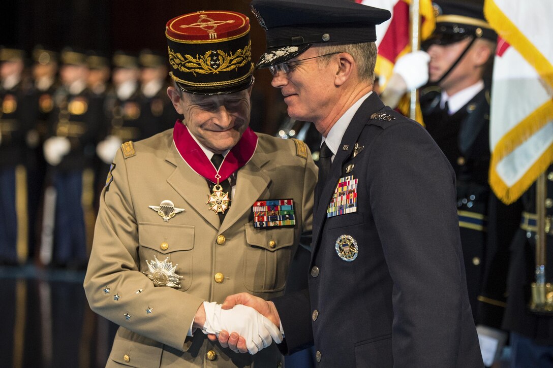 Air Force Gen. Paul J. Selva, right, vice chairman of the Joint Chiefs of Staff, hosts an armed forces arrival ceremony for French Army Gen. Pierre de Villiers, chief of defense staff, at Joint Base Myer-Henderson Hall, Va., Feb. 6, 2017. The two leaders met to discuss matters of mutual importance. DoD Photo by Army Sgt. James K. McCann