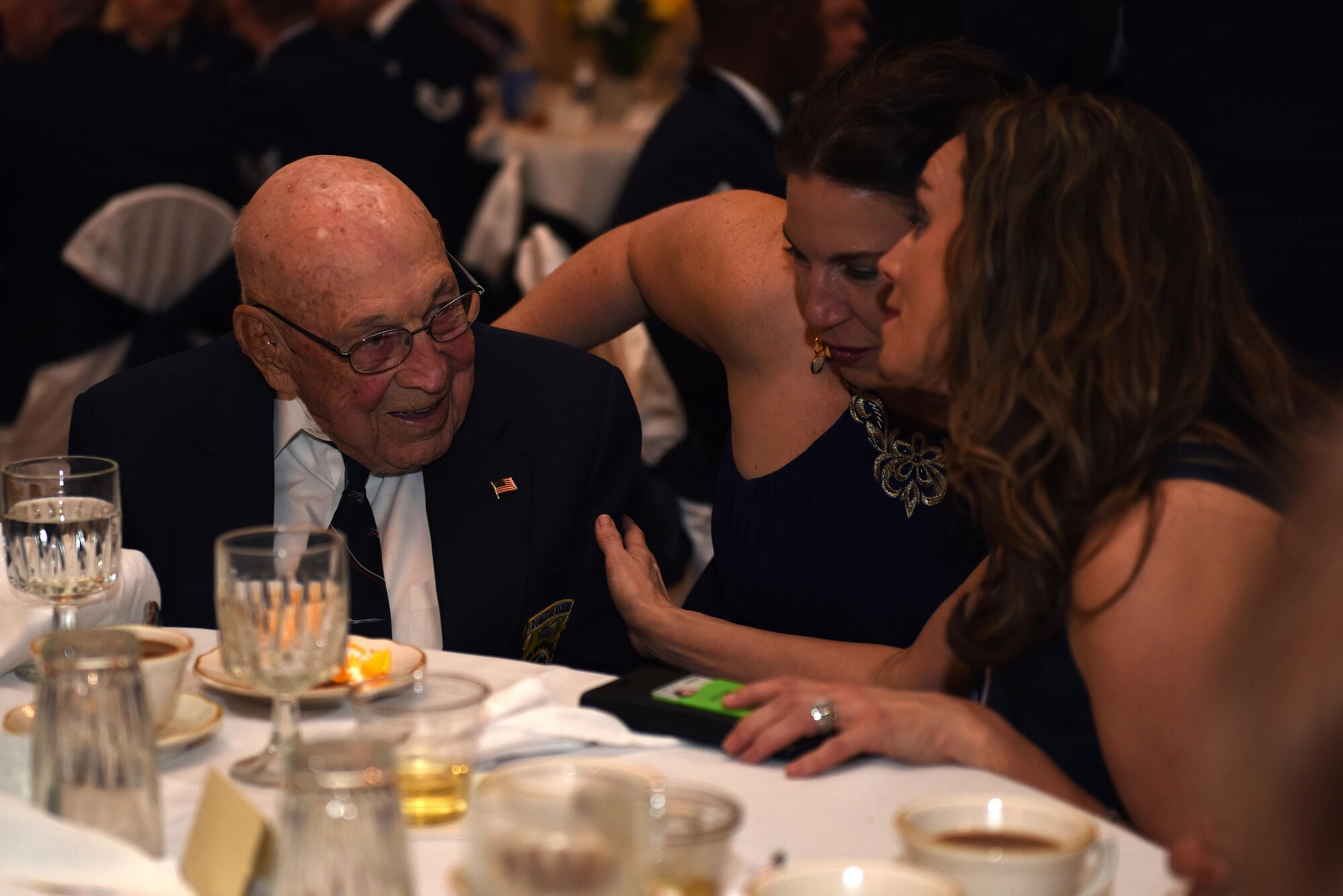 U.S. Air Force Retired Col. Dick Cole speaks to Goodfellow members during the Annual Awards Banquet at the Cactus Hotel in San Angelo, Texas, Feb. 3, 2017. Cole is the last remaining Doolittle Raider. (U.S. Air Force photo by Airman 1st Class Caelynn Ferguson/ Released)