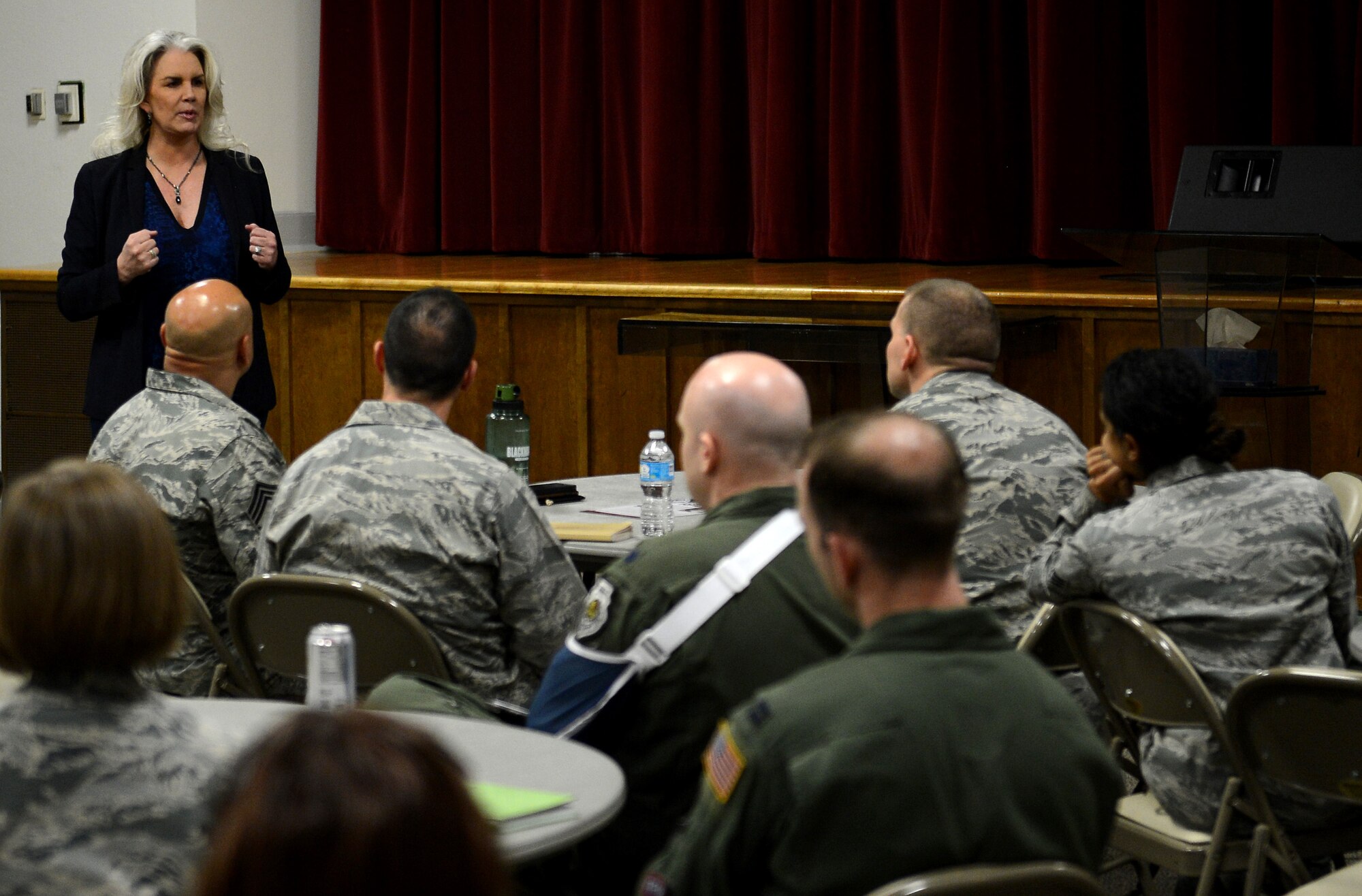 Anne Sprute, founder and CEO of Rally Point Six and 62nd Airlift Wing honorary commander, speaks at the Lunch and Leadership Lecture Feb. 3, 2017, at Joint Base Lewis-McChord, Wash. Sprute shared her experiences in the military and spoke on the importance of starting the transition process out of the service sooner than later. (U.S. Air Force photo/Senior Airman Divine Cox)