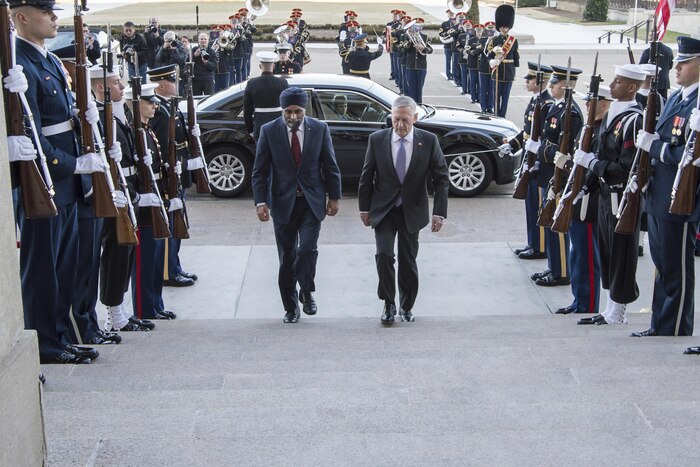Defense Secretary Jim Mattis hosts an honor cordon for Canadian Defense Minister Harjit Sajjan at the Pentagon, Feb. 6, 2017. DoD photo by Air Force Tech. Sgt. Brigitte N. Brantley