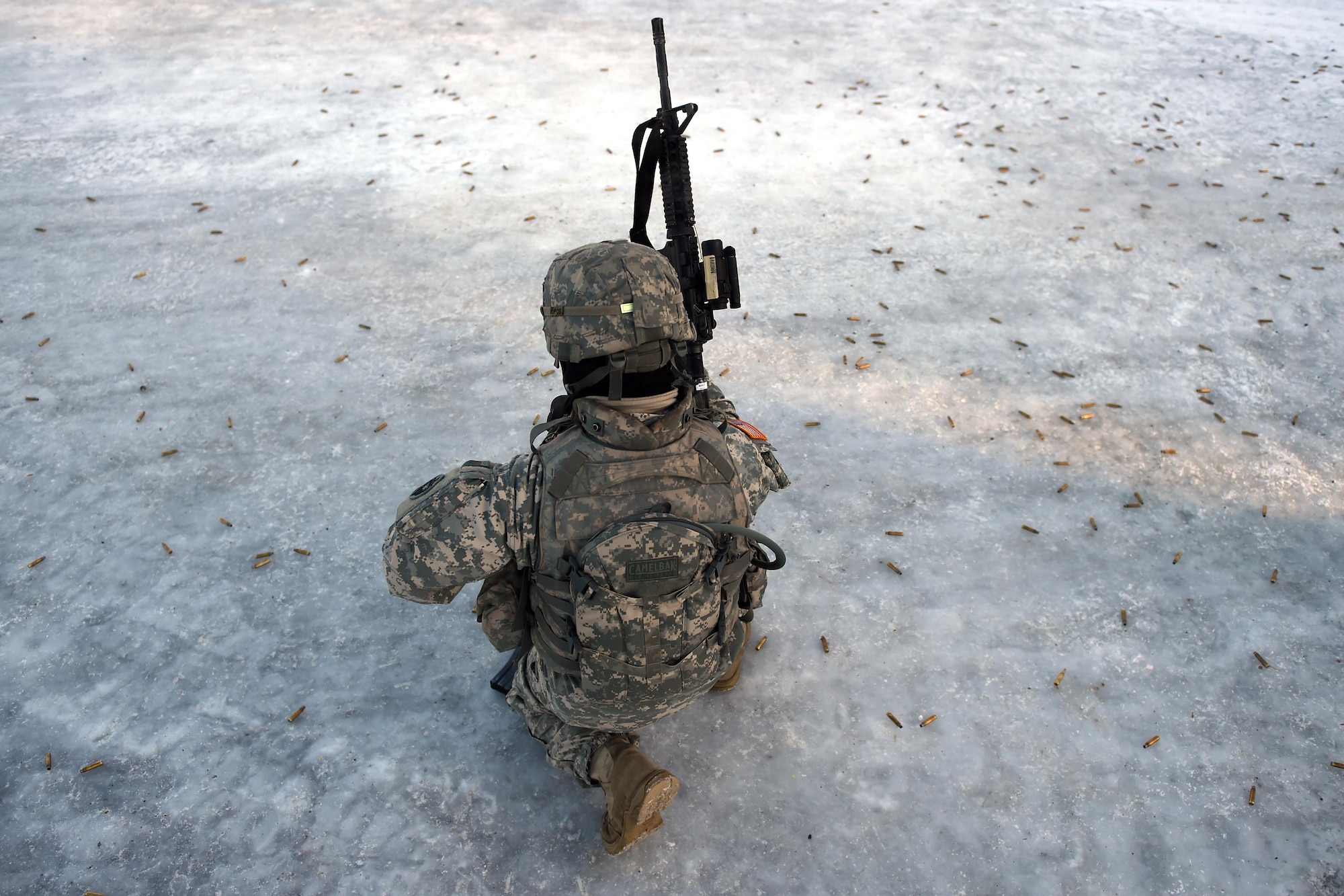 A Soldier from the 574th Composite Supply Company, 17th Combat Sustainment Support Battalion, U.S. Army Alaska, changes the magazine on his M-4 carbine at the Sport Fire Range at Joint Base Elmendorf-Richardson, Alaska, Feb. 2, 2017. Soldiers from Fort Wainwright and JBER participated in a week-long combat skills training exercise in preparation for an upcoming deployment.