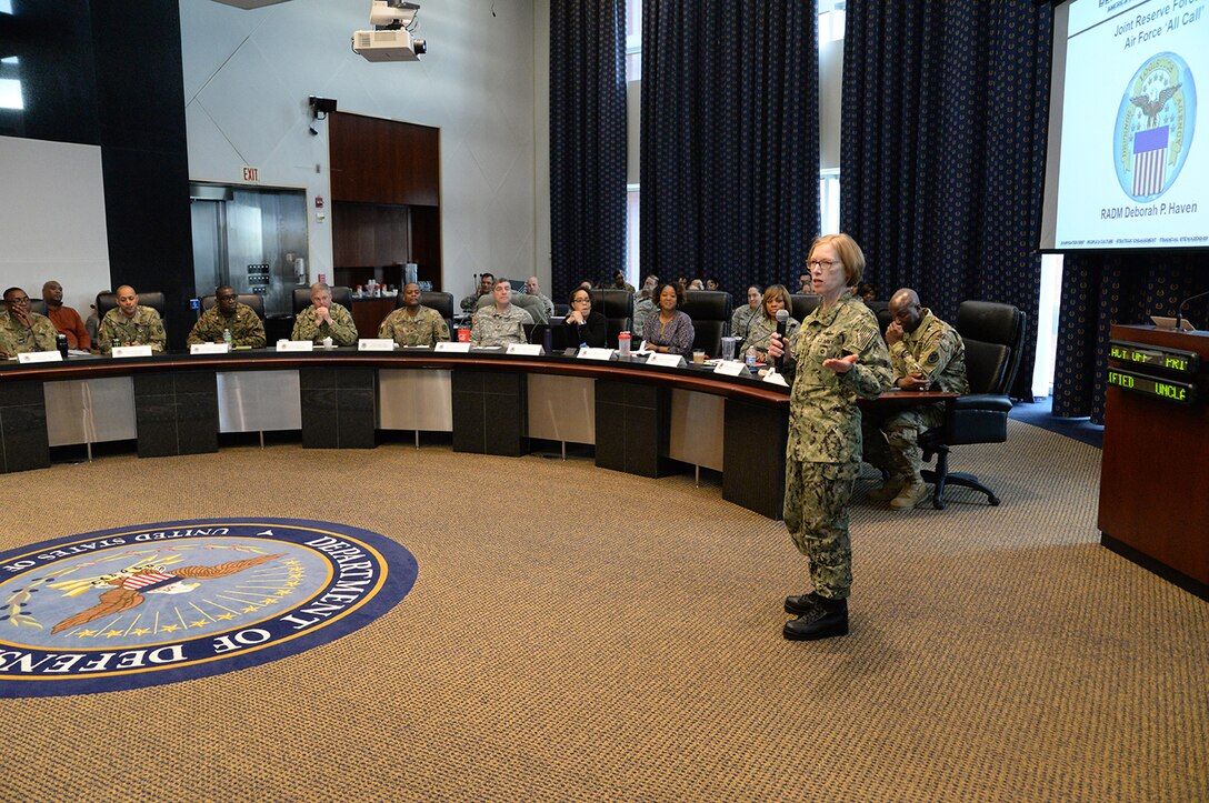 Navy Rear Adm. Deborah Haven, DLA JRF Director, speaks to Air Force IMAs during an IMA All Call Feb. 3 at the McNamara Headquarters Complex, Fort Belvoir, Va., The event was designed to help IMAs and their leaders understand the benefits  and practices of the Air Force IMA program. 