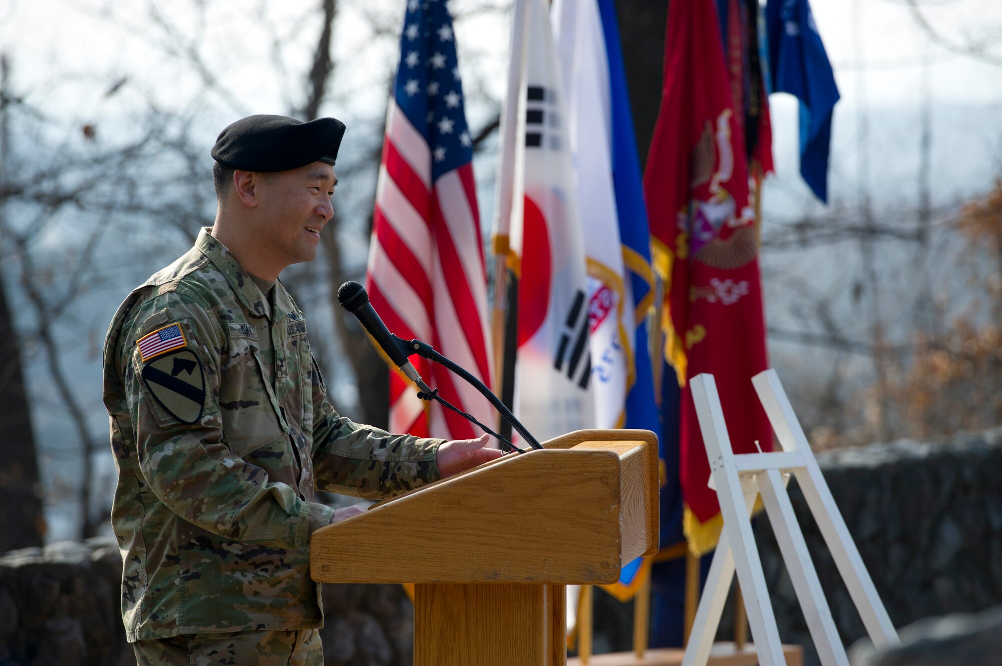 U.S. Army Col. Yi, Se Gwon, 3rd Battlefield Coordination Detachment- Korea commander, introduces the guest speaker for the 66th Anniversary of the Battle of Bayonet Hill Commemoration Ceremony on Osan Air Base, Republic of Korea, Feb. 3, 2017.  U.S. Army Command Sgt. Maj. Rick Merritt, Command Sergeant Major Eighth Army, was the guest speaker. (U.S. Air Force photo by Staff Sgt. Jonathan Steffen)
