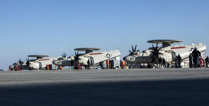 Three U.S. Navy E-2D Advanced Hawkeye with Carrier Airborne Early Warning Squadron (VAW) 125, taxis down the runway at Marine Corps Air Station Iwakuni, Japan, Feb. 2, 2017.VAW-125 arrived at MCAS Iwakuni, from Naval Station Norfolk, Va. The E-2D Advanced Hawkeye is equipped with the most advanced airborne radar in the world, possessing systems which increase the capabilities to defend Japan and provide security in the Indo-Asia-Pacific region. (U.S. Marine Corps photo by Cpl. James A. Guillory)