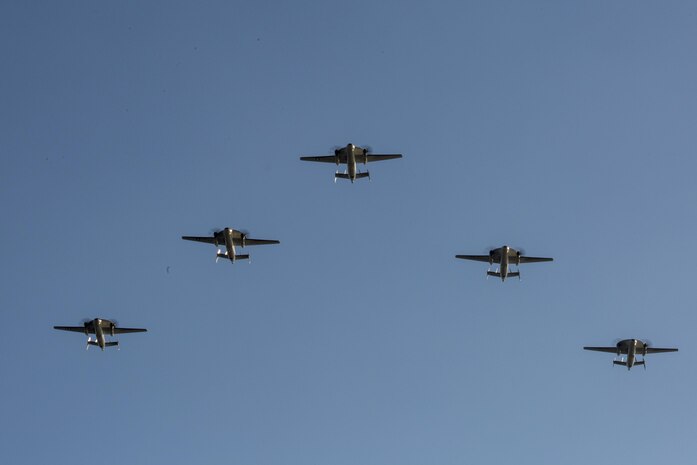 Five U.S. Navy E-2D Advanced Hawkeyes with Carrier Airborne Early Warning Squadron (VAW) 125, prepare to land at Marine Corps Air Station Iwakuni, Japan, Feb. 2, 2017. VAW-125 arrived at MCAS Iwakuni from Naval Station Norfolk, Va. The E-2D Advanced Hawkeye is equipped with the most advanced airborne radar in the world, possessing systems which increase the capabilities to defend Japan and provide security in the Indo-Asia-Pacific region. (U.S. Marine Corps photo by Cpl. Aaron Henson)