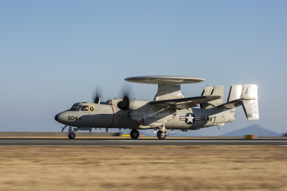 A U.S. Navy E-2D Advanced Hawkeye with Carrier Airborne Early Warning Squadron (VAW) 125, lands at Marine Corps Air Station Iwakuni, Japan, Feb. 2, 2017. VAW-125 arrived at MCAS Iwakuni from Naval Station Norfolk, Va. The E-2D Advanced Hawkeye is equipped with the most advanced airborne radar in the world, possessing systems which increase the capabilities to defend Japan and provide security in the Indo-Asia-Pacific region. (U.S. Marine Corps photo by Cpl. Aaron Henson)