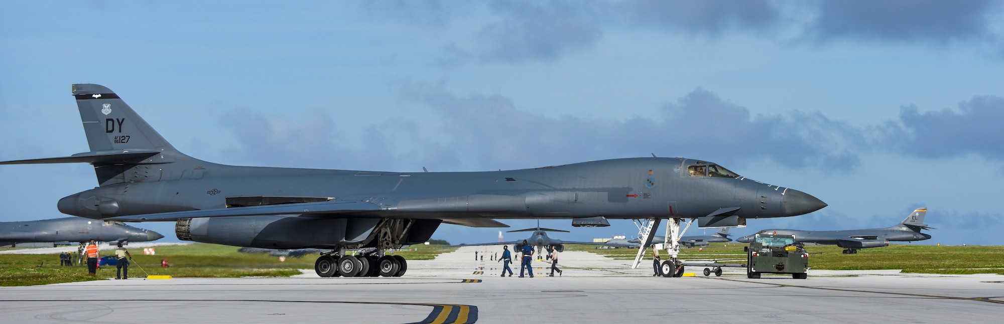 A U.S. Air Force B-1B Lancer assigned to the 9th Expeditionary Bomb Squadron, deployed from Dyess Air Force Base, Texas, arrives Feb. 6, 2017, at Andersen AFB, Guam. The 9th EBS is taking over U.S. Pacific Command’s Continuous Bomber Presence operations from the 34th EBS, assigned to Ellsworth Air Force Base, S.D. The B-1B’s speed and superior handling characteristics allow it to seamlessly integrate in mixed force packages. These capabilities, when combined with its substantial payload, excellent radar targeting system, long loiter time and survivability, make the B-1B a key element of any joint/composite strike force. While deployed at Guam the B-1Bs will continue conducting flight operations where international law permit.  (U.S. Air Force photo by Tech. Sgt. Richard P. Ebensberger/Released)