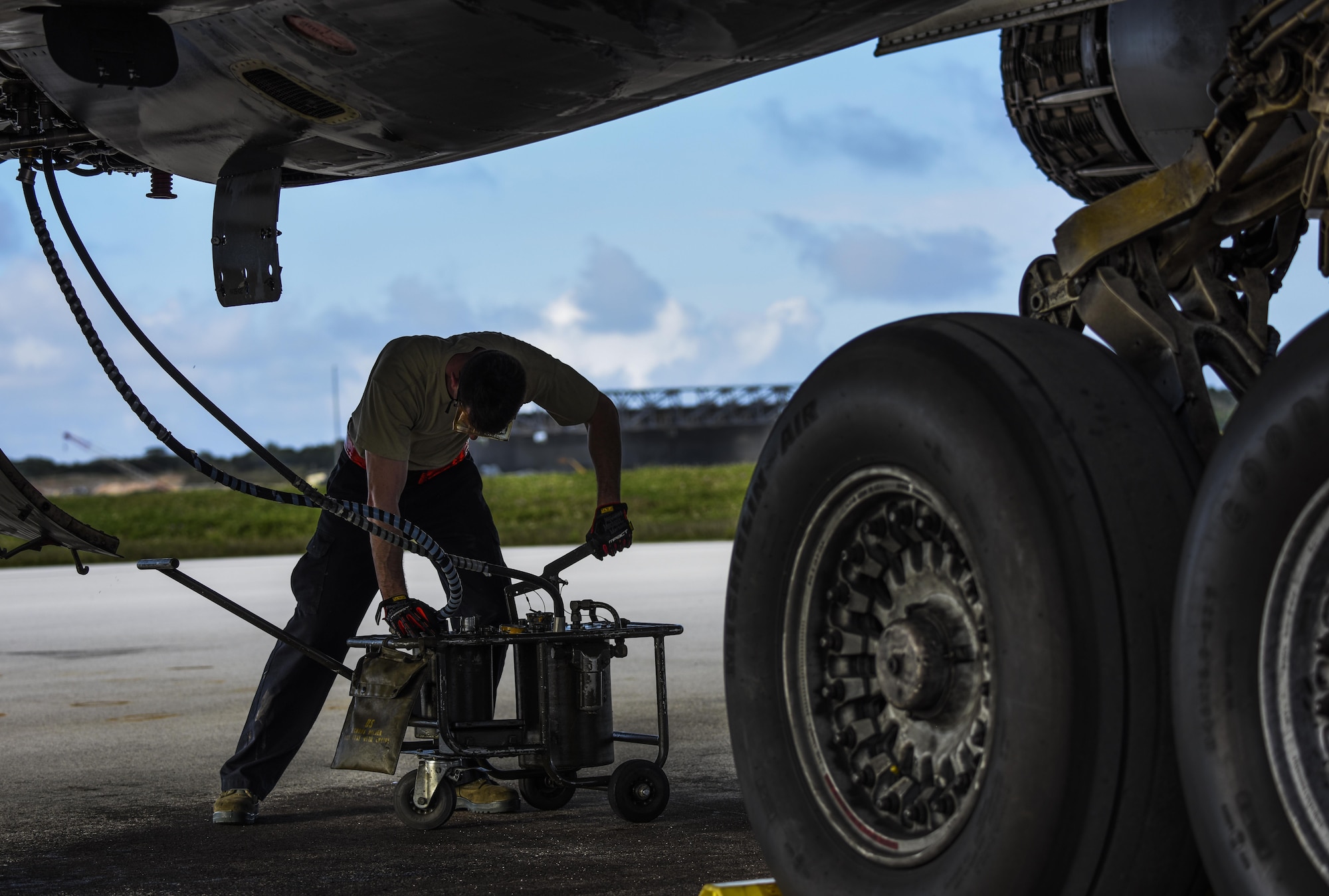 Senior Airman Cameron Hylan, 36th Expeditionary Aircraft Maintenance Squadron, services an engine on a B-1B Lancer assigned to the 9th Expeditionary Bomb Squadron, deployed from Dyess Air Force Base, Texas, Feb. 6, 2017, at Andersen AFB, Guam. The 9th EBS is taking over U.S. Pacific Command’s Continuous Bomber Presence operations from the 34th EBS, assigned to Ellsworth Air Force Base, S.D. These aircraft, and the men and women who fly and support them, provide a significant capability that enables our readiness and commitment to deterrence, provides assurances to our allies, and strengthens regional security and stability in the Indo-Asia-Pacific region. (U.S. Air Force photo by Tech. Sgt. Richard P. Ebensberger/Released)