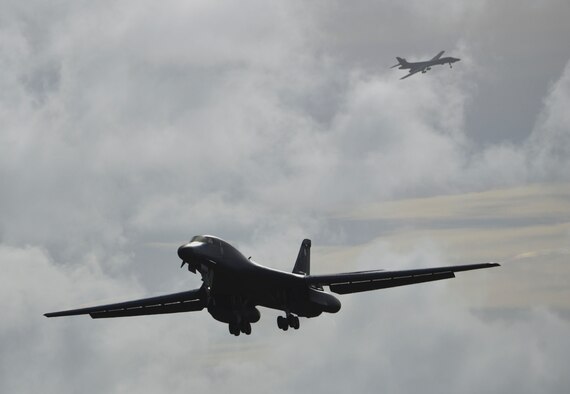 A U.S. Air Force B-1B Lancer assigned to the 9th Expeditionary Bomb Squadron, deployed from Dyess Air Force Base, Texas, lands Feb. 6, 2017, at Andersen AFB, Guam. The 9th EBS is taking over U.S. Pacific Command’s Continuous Bomber Presence operations from the 34th EBS, assigned to Ellsworth Air Force Base, S.D. This marks the second deployment of B-1s to Guam in over a decade. The B-1 is a highly versatile, multi-mission weapon system capable of tracking, targeting and engaging moving vehicles as well as allowing aircrew to receive targeting data from the Combined Air Operations Center or other command and control assets to strike emerging targets rapidly and efficiently. The U.S. military has maintained a deployed strategic bomber presence in the Pacific since March 2004, which has contributed significantly to regional security and stability. (U.S. Air Force photo by Tech. Sgt. Richard P. Ebensberger/Released)