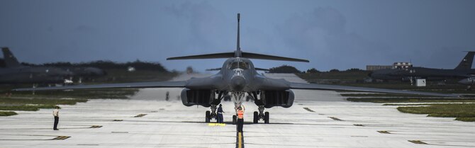 A U.S. Air Force B-1B Lancer assigned to the 9th Expeditionary Bomb Squadron, deployed from Dyess Air Force Base, Texas, arrives Feb. 6, 2017, at Andersen AFB, Guam. The 9th EBS is taking over U.S. Pacific Command’s Continuous Bomber Presence operations from the 34th EBS, assigned to Ellsworth Air Force Base, S.D. The B-1B's blended wing/body configuration, variable-geometry wings and turbofan afterburning engines, combine to provide long range, maneuverability and high speed while enhancing survivability. The rotation of aircraft in support is specifically designed to demonstrate the U.S.’s commitment to the Indo-Asia-Pacific region and enhance routine transiting in international airspace throughout the Pacific. (U.S. Air Force photo by Tech. Sgt. Richard P. Ebensberger/Released)