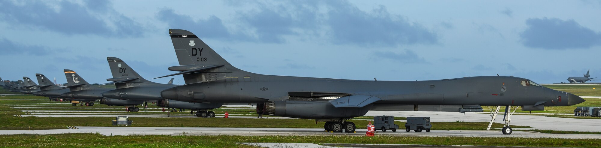 U.S. Air Force B-1B Lancers assigned to the 9th Expeditionary Bomb Squadron, deployed from Dyess Air Force Base, Texas, and the 34th EBS, assigned to Ellsworth Air Force Base, S.D., sit beside one another on the flightline Feb. 6, 2017, at Andersen AFB, Guam. The B-1B’s speed and superior handling characteristics allow it to seamlessly integrate in mixed force packages. These capabilities, when combined with its substantial payload, excellent radar targeting system, long loiter time and survivability, make the B-1B a key element of any joint/composite strike force. The 9th EBS is taking over U.S. Pacific Command’s Continuous Bomber Presence operations from the 34th EBS. The CBP mission is part of a long-standing history of maintaining a consistent bomber presence in the Indo-Asia-Pacific in order to maintain regional stability, and provide assurance to our allies and partners in the region. (U.S. Air Force photo by Tech. Sgt. Richard P. Ebensberger/Released)