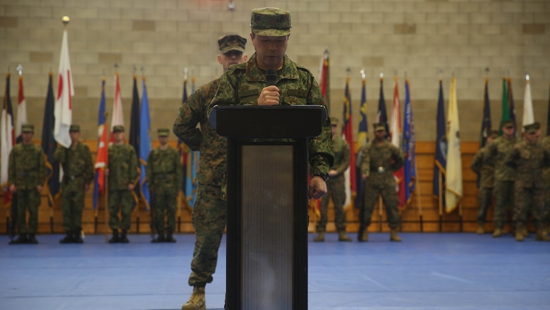 Japanese Ground Self-Defense Force Col. Ryuji Toyota, commanding officer of the Western Army Infantry Regiment, addresses U.S. Marines and Japanese Ground Self-Defense Force soldiers during the opening ceremony of Iron Fist 2017, at Marine Corps Base Camp Pendleton, California, Feb. 6, 2017. Iron Fist is an annual, bilateral training exercise where U.S. and Japanese service members train together and share techniques, tactics and procedures to improve their combined operational capabilities. 