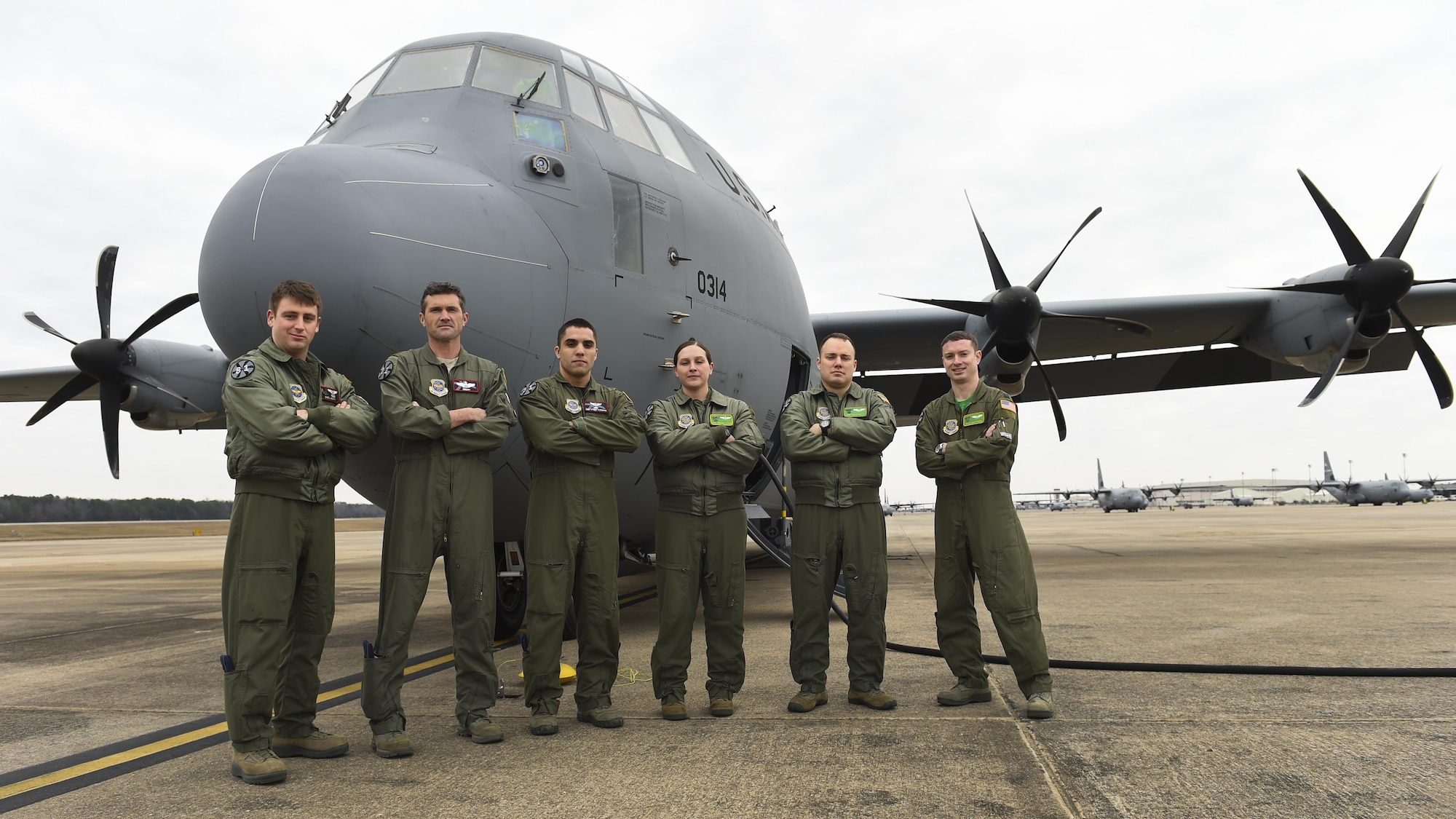U.S. Air Force Airmen from the 61st Airlift Squadron and 41st Airlift Squadron prepare for their first flight in a C-130J with Block 8.1 enhancement upgrades Feb. 3, 2017, at Little Rock Air Force Base, Ark. The upgrades were installed by Lockheed Martin and improve communications, navigation, surveillance/air traffic management and more. (U.S. Air Force photo/Senior Airman Harry Brexel)