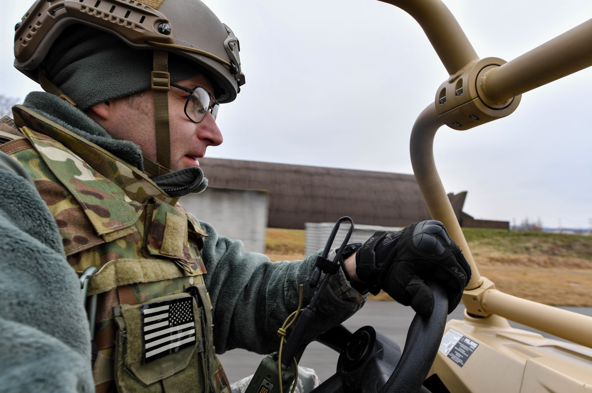 Master Sgt. Jeremy Francisco, 435th Contingency Response Squadron readiness flight chief, drives an all-terrain vehicle during Exercise Austere Forge on Ramstein Air Base, Germany, Feb. 1, 2017. The 435 CRG participated in the exercise to practice their capability to deploy within 72 hours. (U.S. Air Force photo by Senior Airman Tryphena Mayhugh)