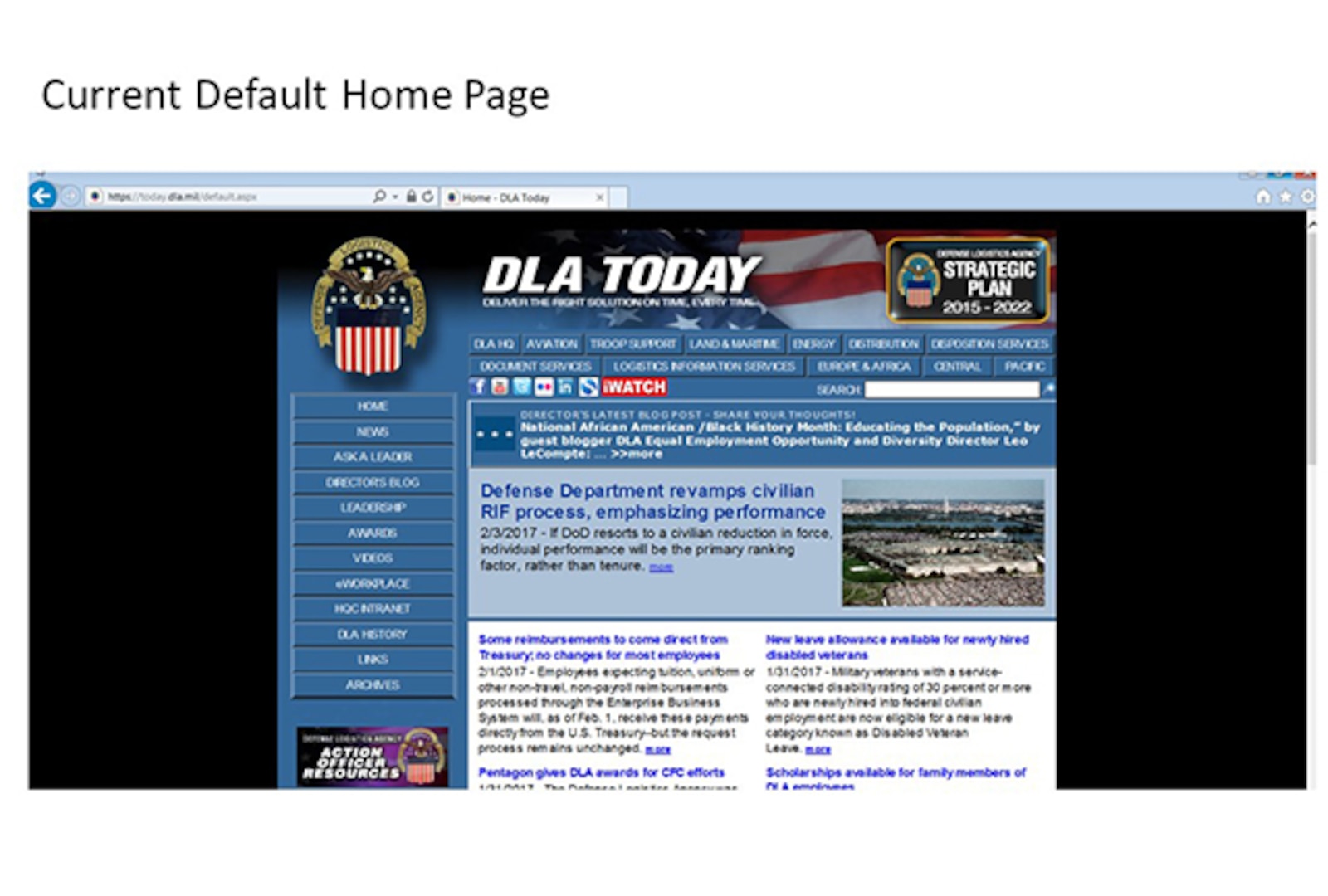 Slide showing current default home page: DLA Today