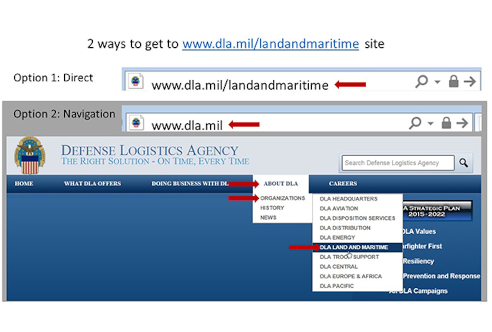 Slides showing how to navigate to DLA Land and Maritime home page.