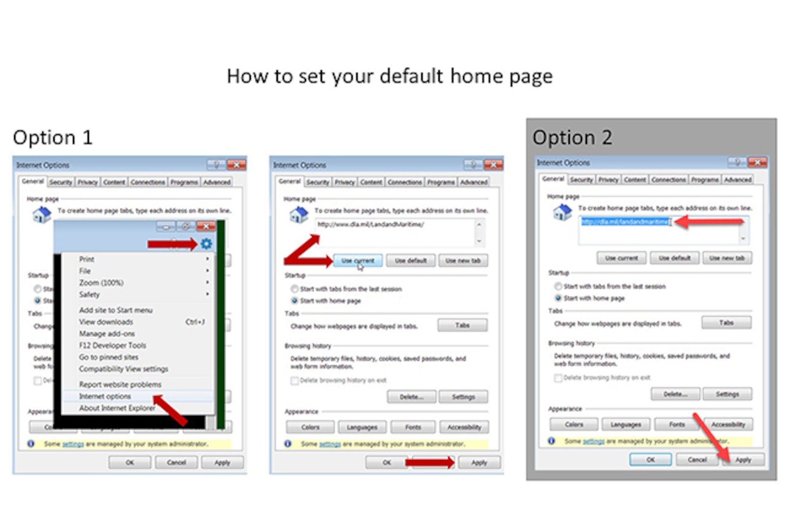 Slides showing how to update your default home page to DLA Land and Maritime.