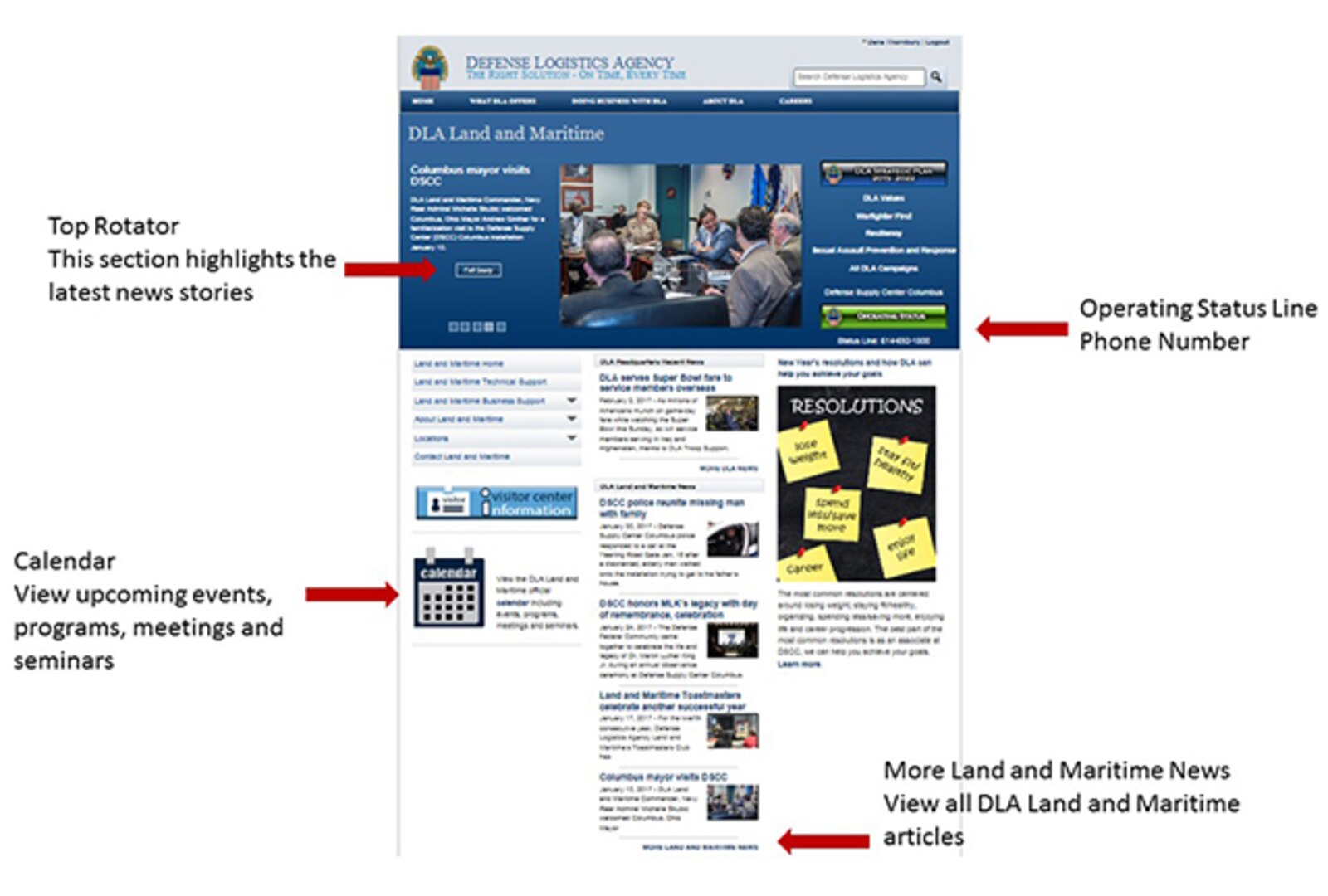 Slides showing key features of the DLA Land and Maritime home page.