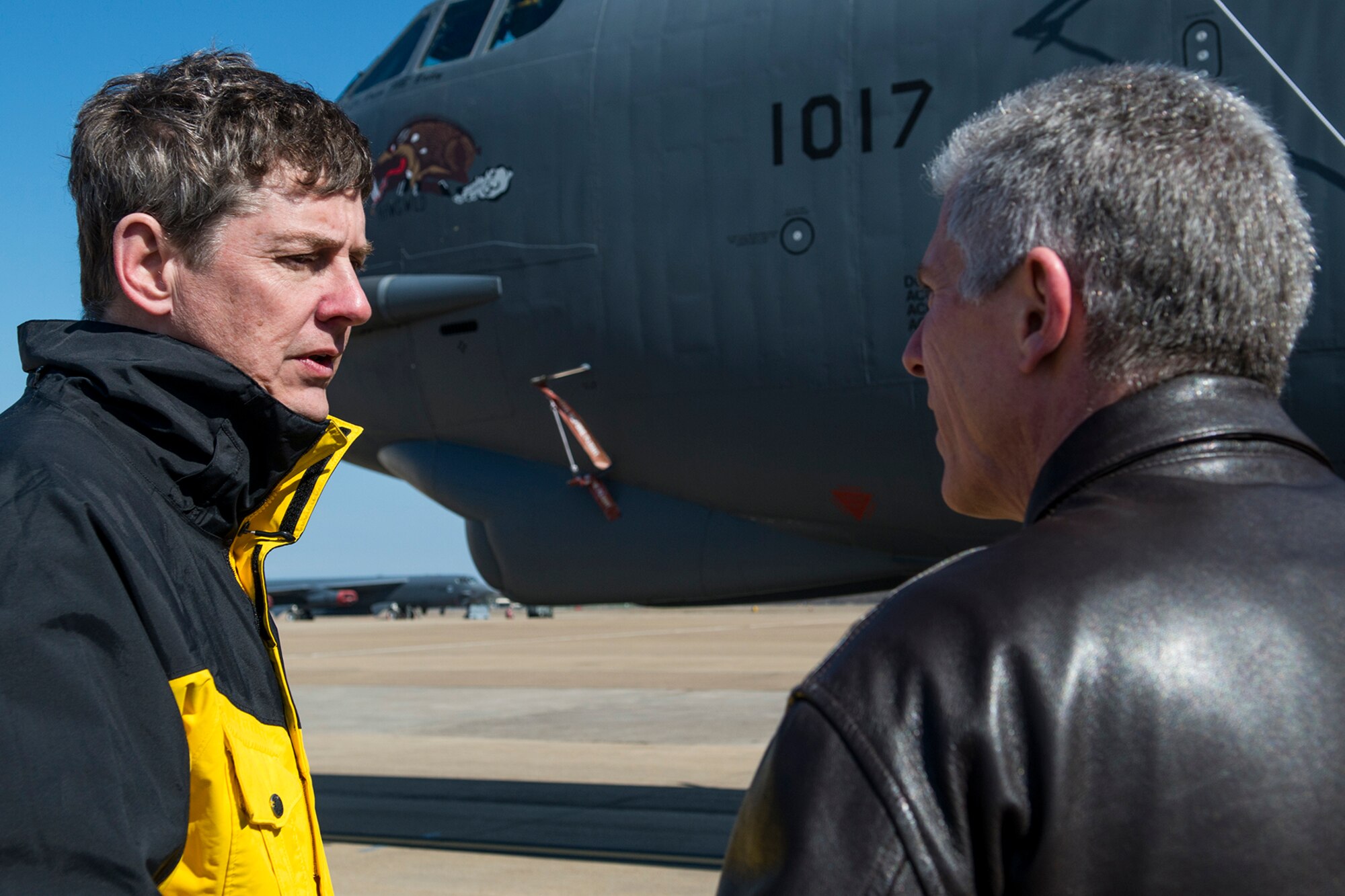 U.S. Air Force Col. James Morriss, 307th Bomb Wing vice commander, speaks to a member of the Young Presidents’ Organization (YPO) Louisiana Chapter during a tour of an Air Force Reserve Command B-52H Stratofortress on Feb. 3, 2017, Barksdale Air Force Base, La. Members of the YPO Louisiana Chapter visited Barksdale to get a better understanding of the various jobs and leadership challenges experienced by Airmen during day-to-day operations. (U.S. Air Force photo by Master Sgt. Greg Steele/Released)