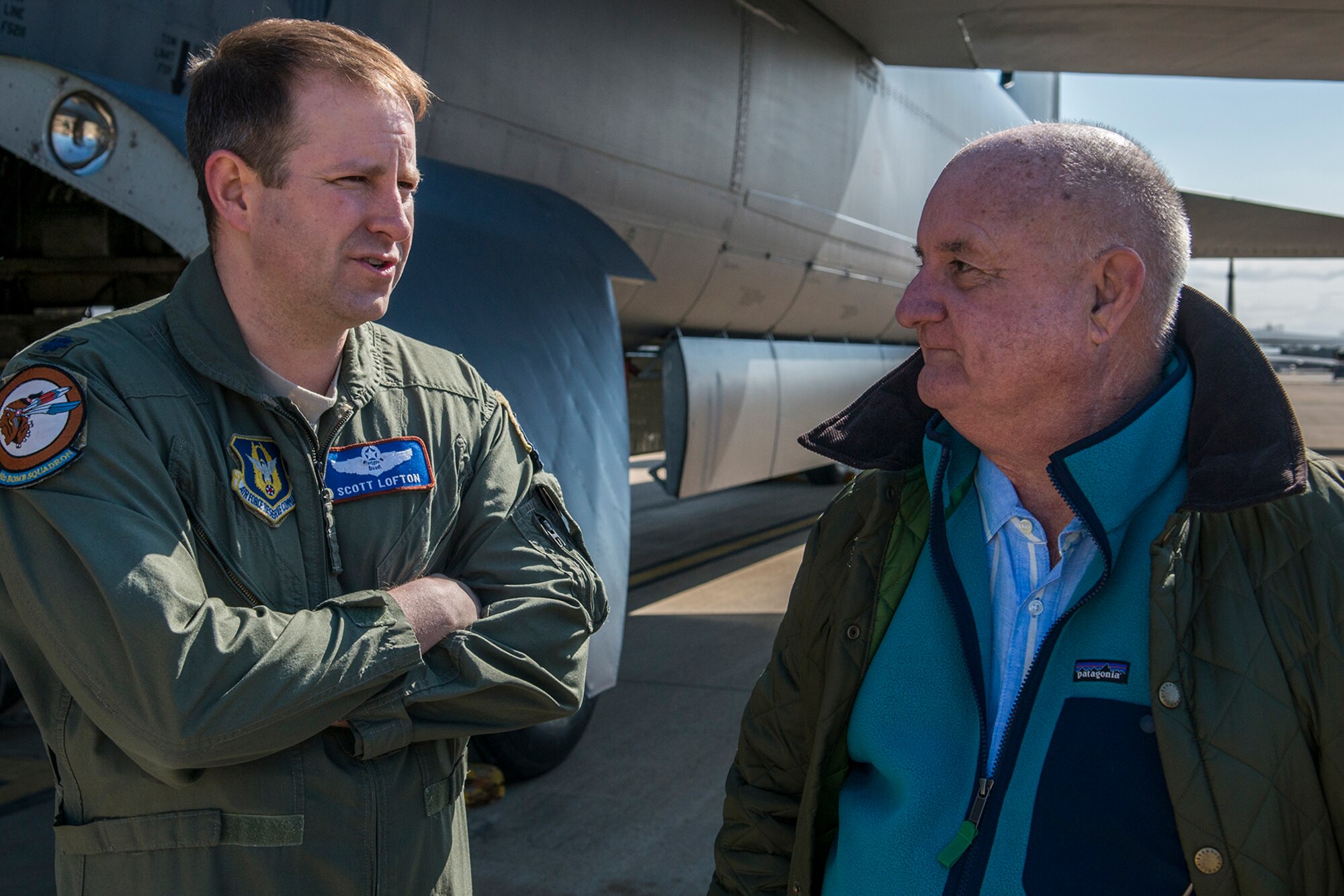 U.S. Air Force Lt. Col. Scott Lofton speaks to a member of the Young Presidents’ Organization (YPO) Louisiana Chapter during a tour of an Air Force Reserve Command B-52H Stratofortress on Feb. 3, 2017, Barksdale Air Force Base, La. Members of the YPO Louisiana Chapter visited Barksdale to get a better understanding of the various jobs and leadership challenges experienced by Airmen during day-to-day operations. (U.S. Air Force photo by Master Sgt. Greg Steele/Released)