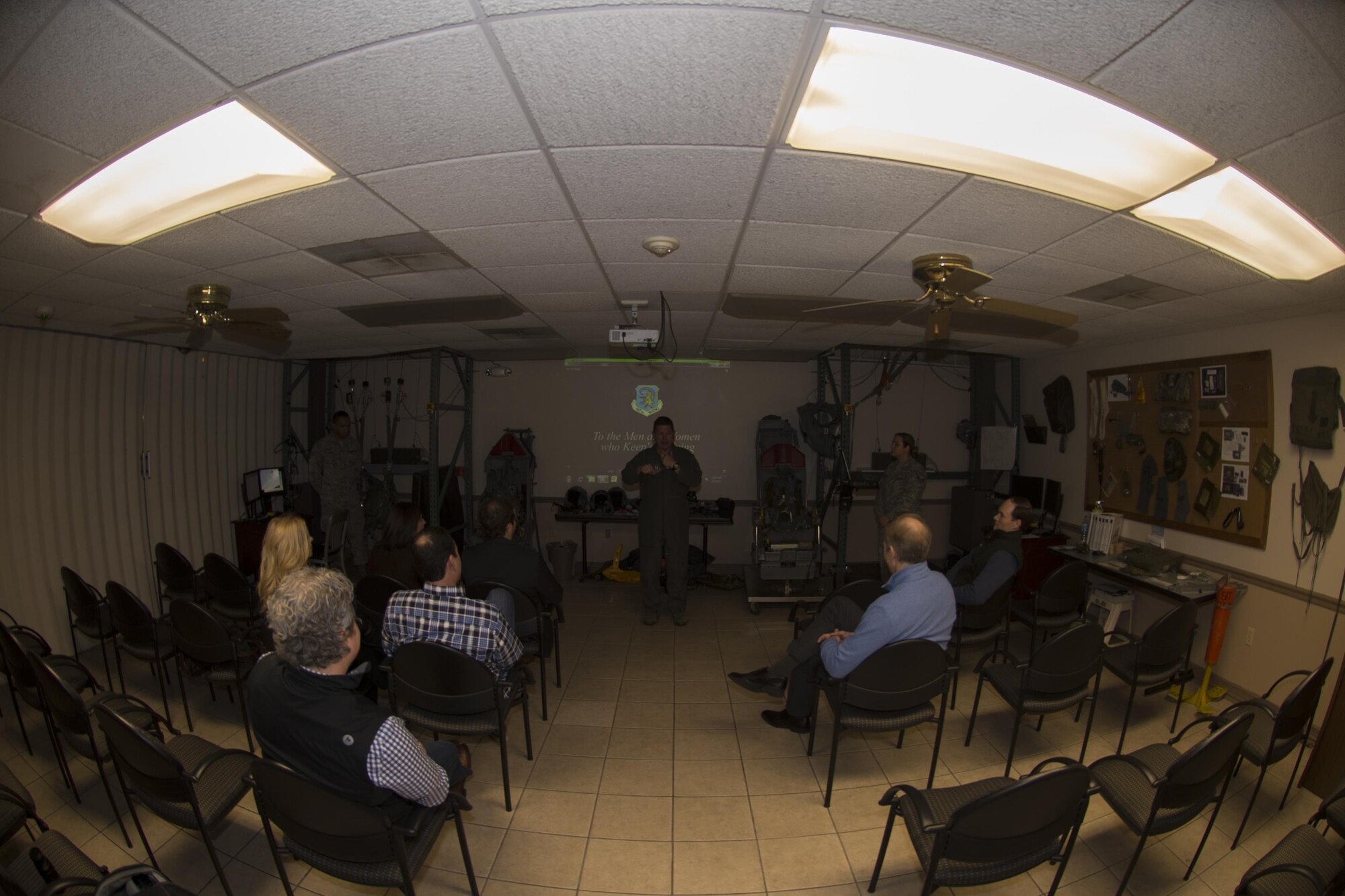 U.S. Air Force Lt. Col. Shawn Werchan, 307th Operations Support Squadron commander addresses members of the Young Presidents’ Organization (YPO) Louisiana Chapter on Feb. 3, 2017, Barksdale Air Force Base, La.  Members of the YPO Louisiana Chapter visited Barksdale to get a better understanding of the various jobs and leadership challenges experienced by Airmen during day-to-day operations. (U.S. Air Force photo by Staff Sgt. Jason McCasland/Released)