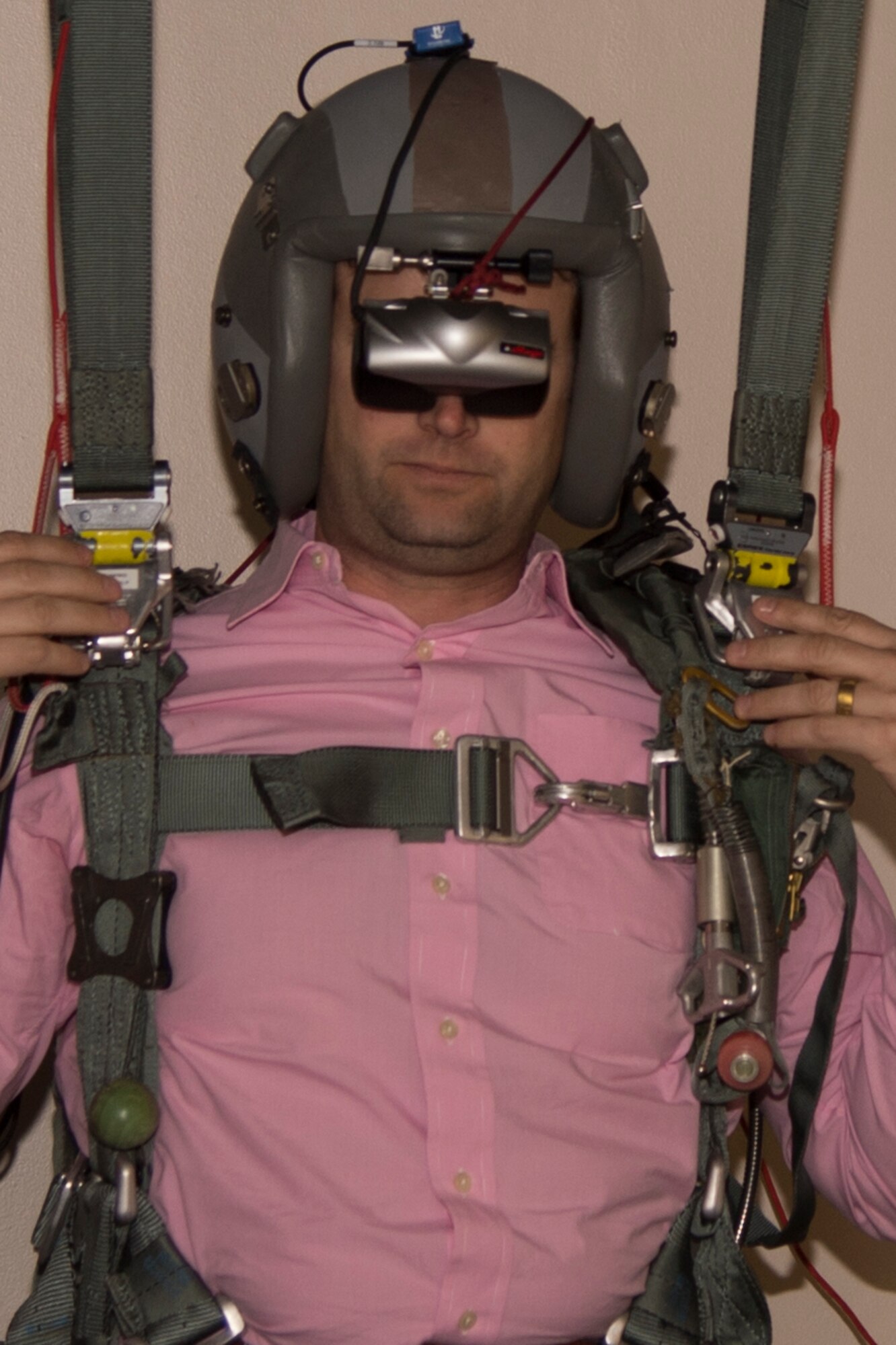 A member of the Young Presidents’ Organization (YPO) Louisiana Chapter hangs in the harness used to train B-52 Stratofortress pilots safe ejection techniques on Feb. 3, 2017, Barksdale Air Force Base, La. Members of the YPO Louisiana Chapter visited Barksdale to get a better understanding of the various jobs and leadership challenges experienced by Airmen during day-to-day operations. (U.S. Air Force photo by Staff Sgt. Jason McCasland/Released)