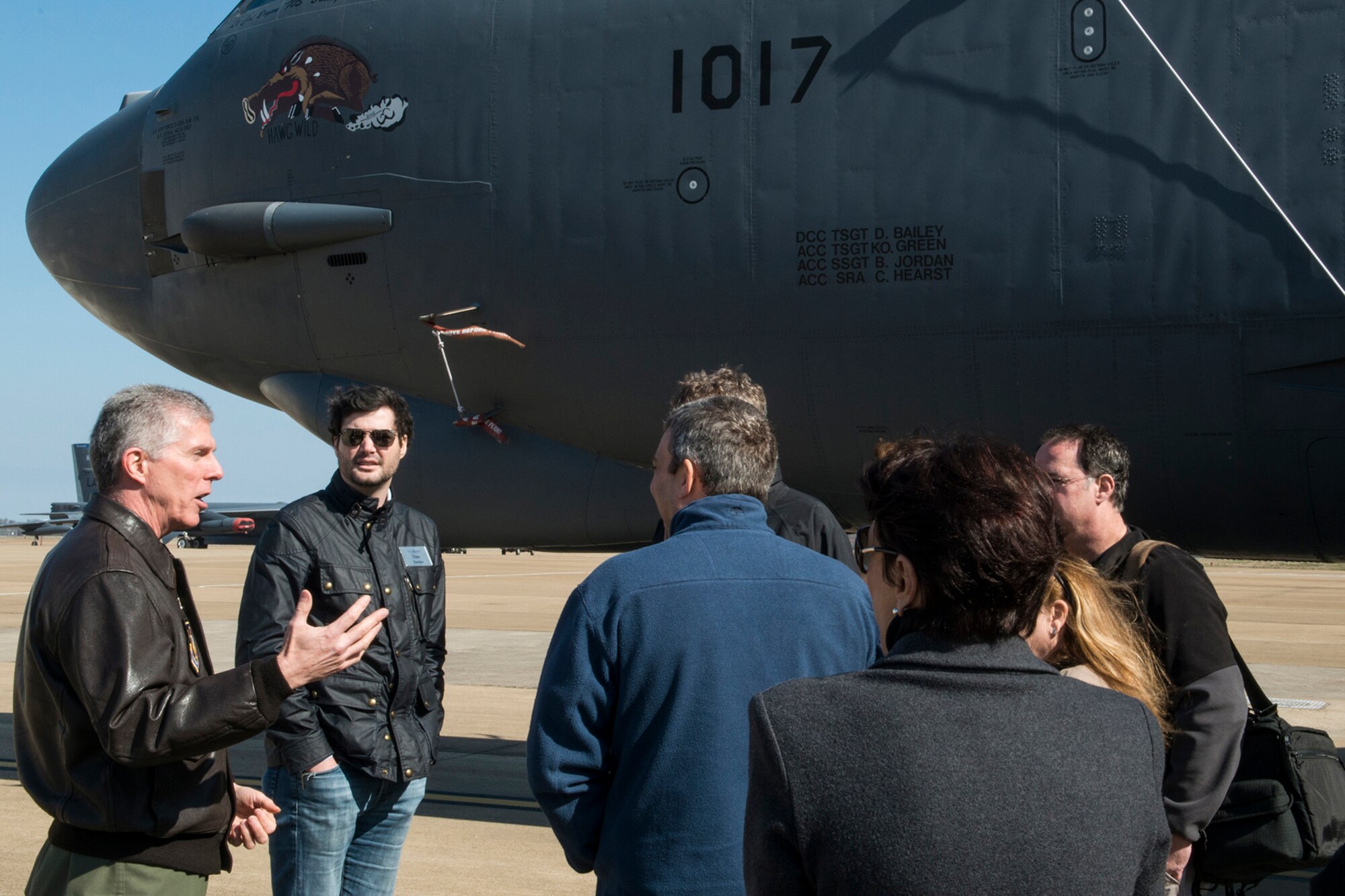 U.S. Air Force Col. James Morriss, 307th Bomb Wing vice commander, speaks to members of the Young Presidents’ Organization (YPO) Louisiana Chapter during a tour of an Air Force Reserve Command B-52H Stratofortress on Feb. 3, 2017, Barksdale Air Force Base, La. Members of the YPO Louisiana Chapter visited Barksdale to get a better understanding of the various jobs and leadership challenges experienced by Airmen during day-to-day operations. (U.S. Air Force photo by Master Sgt. Greg Steele/Released)