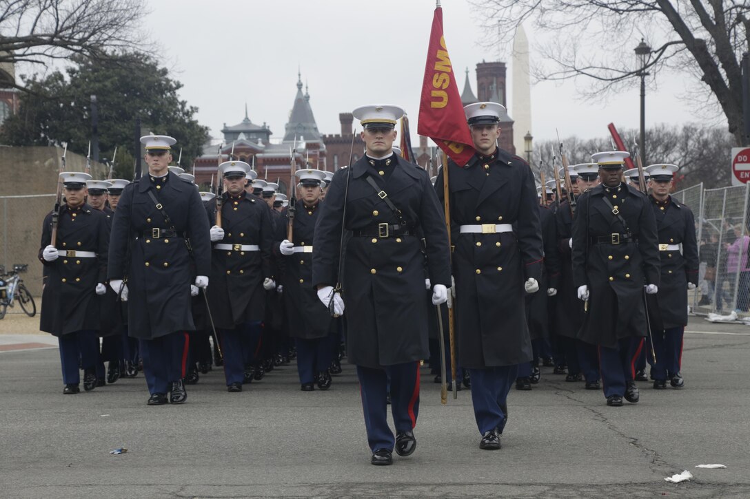 U.S. Marine Corps participates in the Inaugural parade for the 58th Presidential Inauguration in Washington, D.C., Jan. 20, 2017. More than 5,000 military members from across all branches of the armed forces of the United States, including Reserve and National Guard components, provided ceremonial support and Defense Support of Civil Authorities during the inaugural period. (DoD photo by U.S. Army Spc. Daymeon Evans)