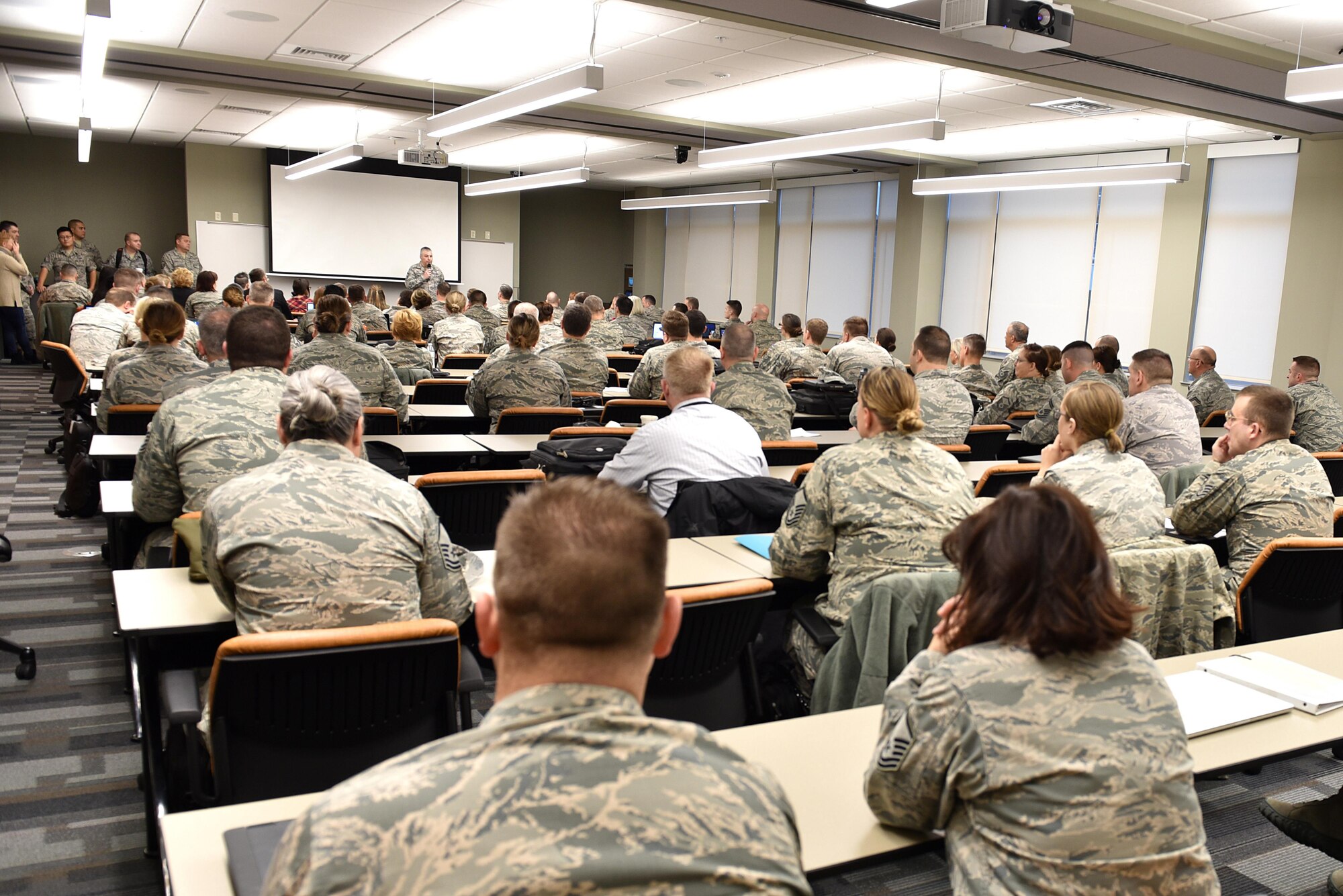 Senior Master Sgt. Christopher Gillis, the Air National Guard’s career field manager and functional area manager for public affairs, speaks with Air National Guard public website managers from 90 bases, Feb. 7, 2017, during a workshop at the I.G. Brown Training and Education Center in Louisville, Tenn.