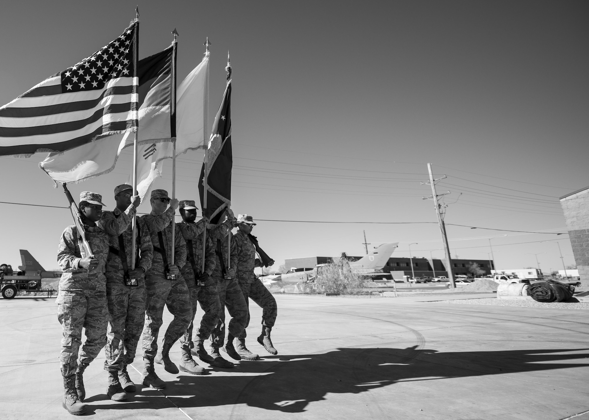 Steel Talons Honor Guard members practice the colors ceremony at Heritage Park at Holloman Air Force Base, N.M., on Feb. 1, 2017. The Steel Talons Honor Guard was created to honor fallen members of the armed services, both past and present. The honor guard performs at several hundred civilian and military ceremonies each year. (U.S. Air Force photo by Airman 1st Class Alexis P. Docherty) 