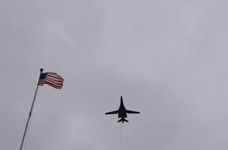 A B-1B Lancer soars over Barksdale Air Force Base, La., in commemoration of the 8th Air Force’s 75th anniversary Feb. 2, 2017. The modern day 8th Air Force traces its lineage to VIII Bomber Command, which came to life Feb. 1, 1942. Former and present bomber Airmen from across the country celebrated the anniversary by partaking in various event to honor the past, present and future Airmen of the “Mighty Eighth.” (U.S. Air Force photo by Senior Airman Erin Trower) 