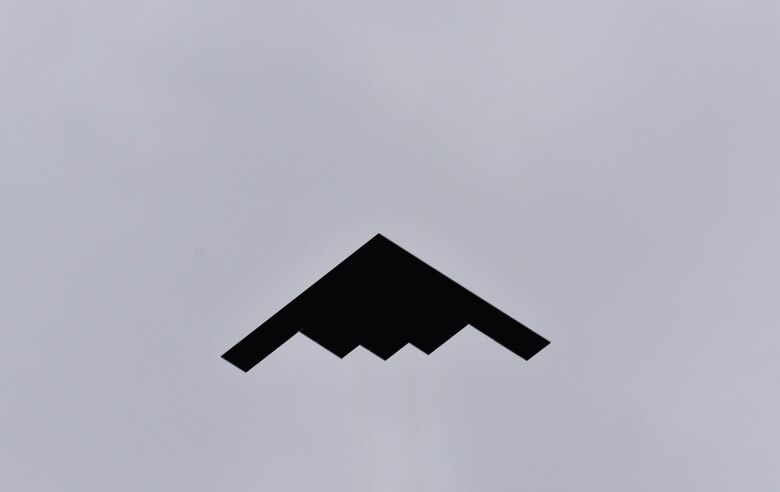 A B-2 Spirit flies over Barksdale Air Force Base, La., during a retreat ceremony in honor of the 8th Air Force’s 75th anniversary Feb. 2, 2017. The 8th Air Force, headquartered at Barksdale AFB, hosted a variety of events throughout the week to honor and commemorate its 75th anniversary. (U.S. Air Force photo by Senior Airman Erin Trower) 
