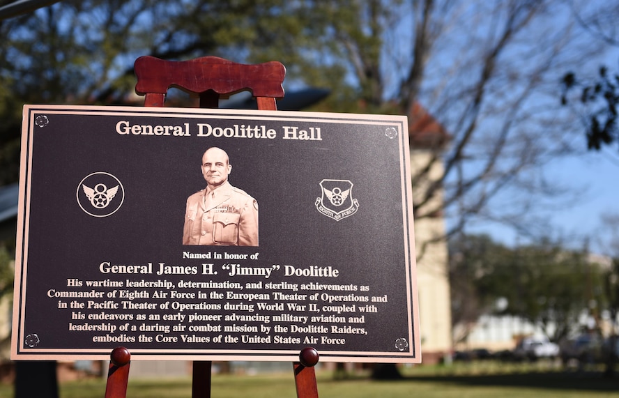 The 8th Air Force headquarters building was dedicated to General James H. “Jimmy” Doolittle during a series of 8th AF 75th diamond anniversary events at Barksdale Air Force Base, La., Feb. 2, 2017. Doolittle commanded the 8th Air Force during World War II and led the historic air combat mission known today as the Doolittle Raid. (U.S. Air Force photo by Senior Airman Erin Trower)